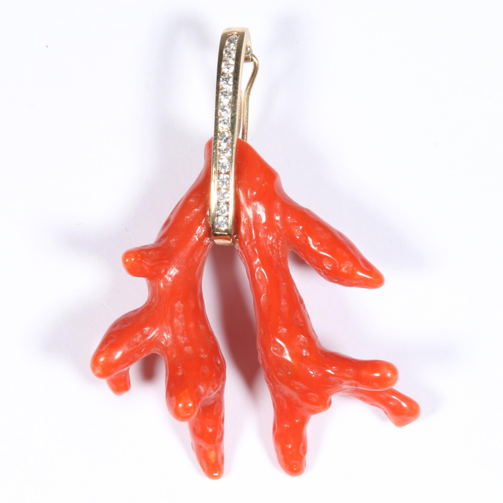 14K Yellow Gold Red Branch Coral and Diamond Pendant Enhancer 2 1/4"L x 1 3/4"W x 3/8"D: 14K Yellow Gold Red Branch Coral and Diamond Pendant Enhancer 6.43 dwt. The purchase of gold requires confirmed funds. 2 1/4"L x 1 3/4"W x 3/8"D