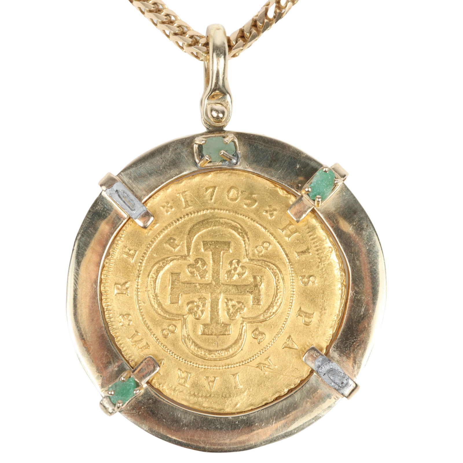 1705 8 Escudos Coin Mounted in 14K Gold with Raw Emeralds and Heavy 10K Gold Chain 24"L x 2"Diam: 1705 8 Escudos Coin Mounted in 14K Gold with Raw Emeralds and Heavy 10K Gold Chain NO COA, valued at gold weight 35.70 dwt (coin pendant) 21.80 dwt (chain) Two of the emeralds have broken off, but are