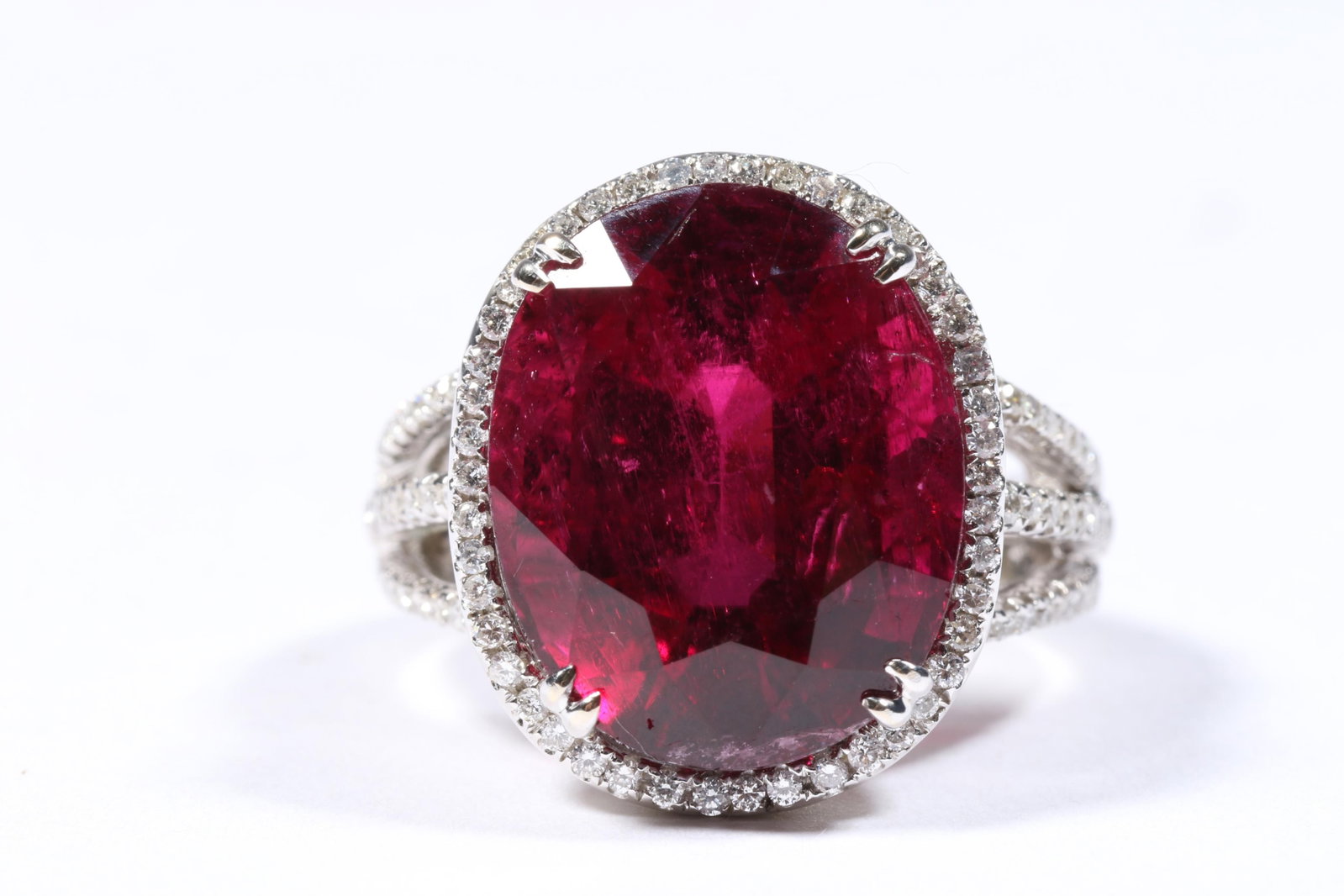 14K White Gold 17.83ct. Rubellite and Diamond Halo Ring Size 7 1/4 - 2