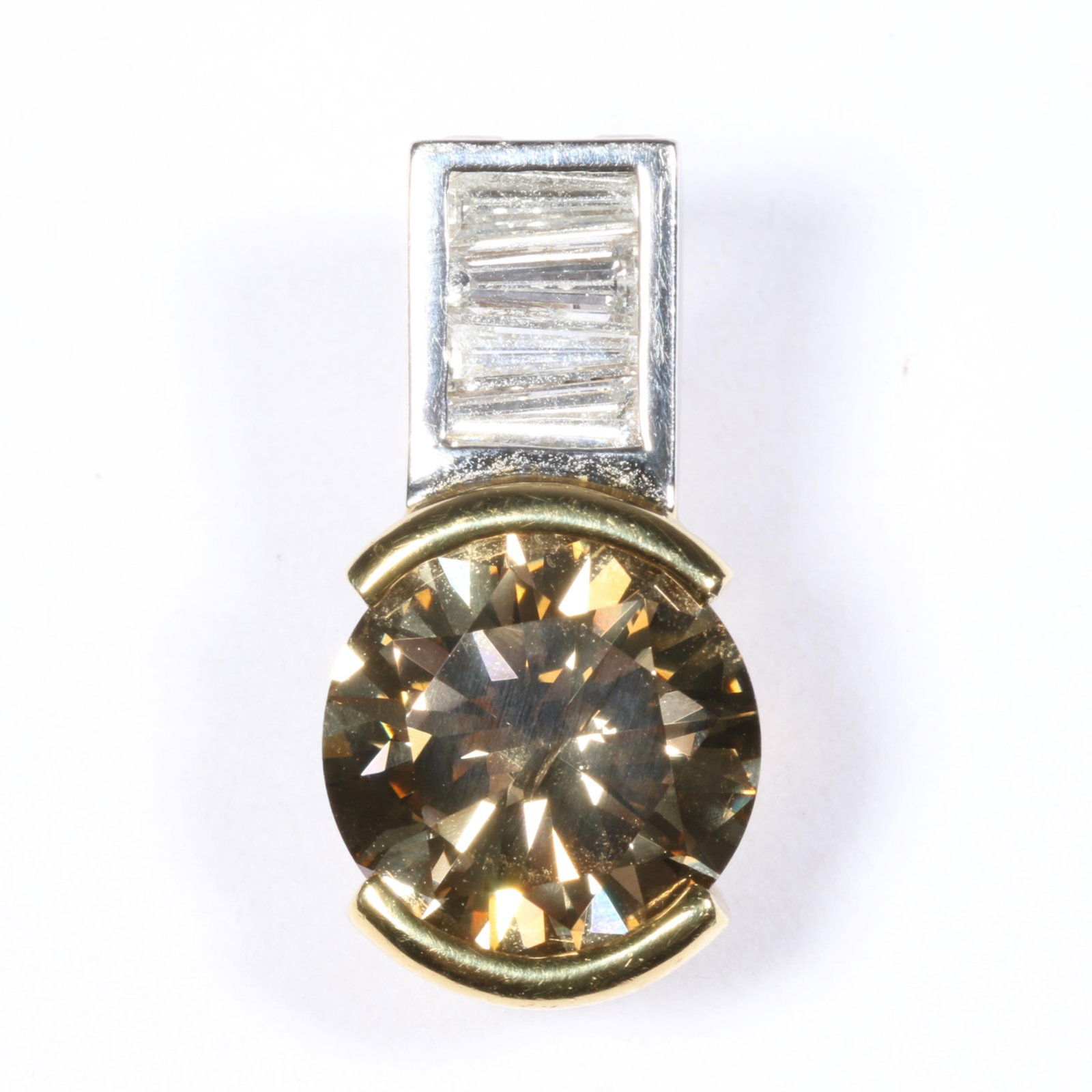 18K Two-Tone Gold Natural Yellowish-Brown 4.39ct. Diamond Pendant Enhancer Accented with Baguette: 18K Two-Tone Gold Natural Yellowish-Brown 4.39ct. Diamond Pendant Enhancer Accented with Baguette Diamonds 4.83 dwt. 1 - 4.39ct. round yellowish-brown round diamond, I1 clarity 4 - tapered baguette cu