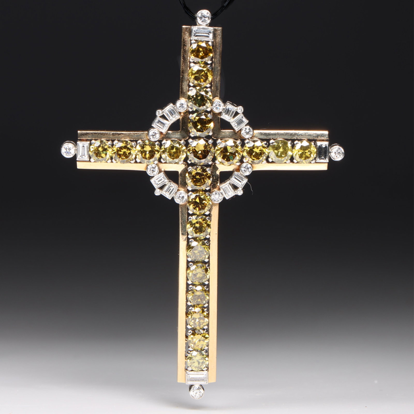 18K Yellow Gold and Platinum Holy Cross Pendant with 7.70CTTW Yellow Jonquil Diamonds, Unmarked,: 18K Yellow Gold and Platinum Holy Cross Pendant with 7.70CTTW Yellow Jonquil Diamonds, Unmarked, Tested 11.79dwt. 21 yellow transitional round brilliant diamonds, treated, 7.70cttw, with .75cttw white
