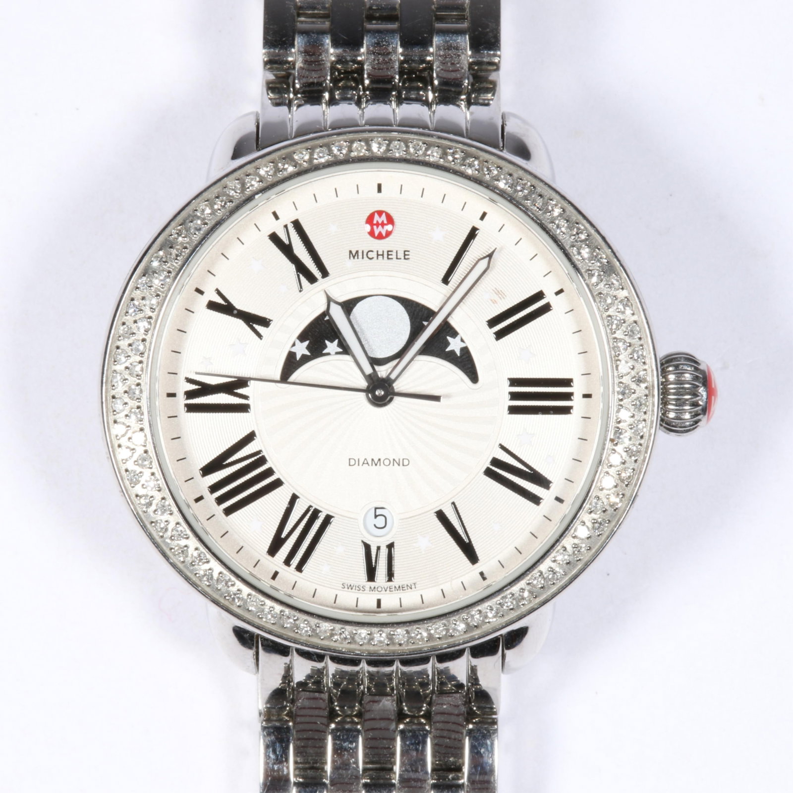 Michele Serein Moon Phase Swiss Made Stainless Steel Women's Watch with Diamond-Set Bezel, White: Michele Serein Moon Phase Swiss Made Stainless Steel Women's Watch with Diamond-Set Bezel, White Dial, and Black Roman Numeral Markers Watch is running 100 diamonds weighing .60 cttw MW21D01A1981 Quar