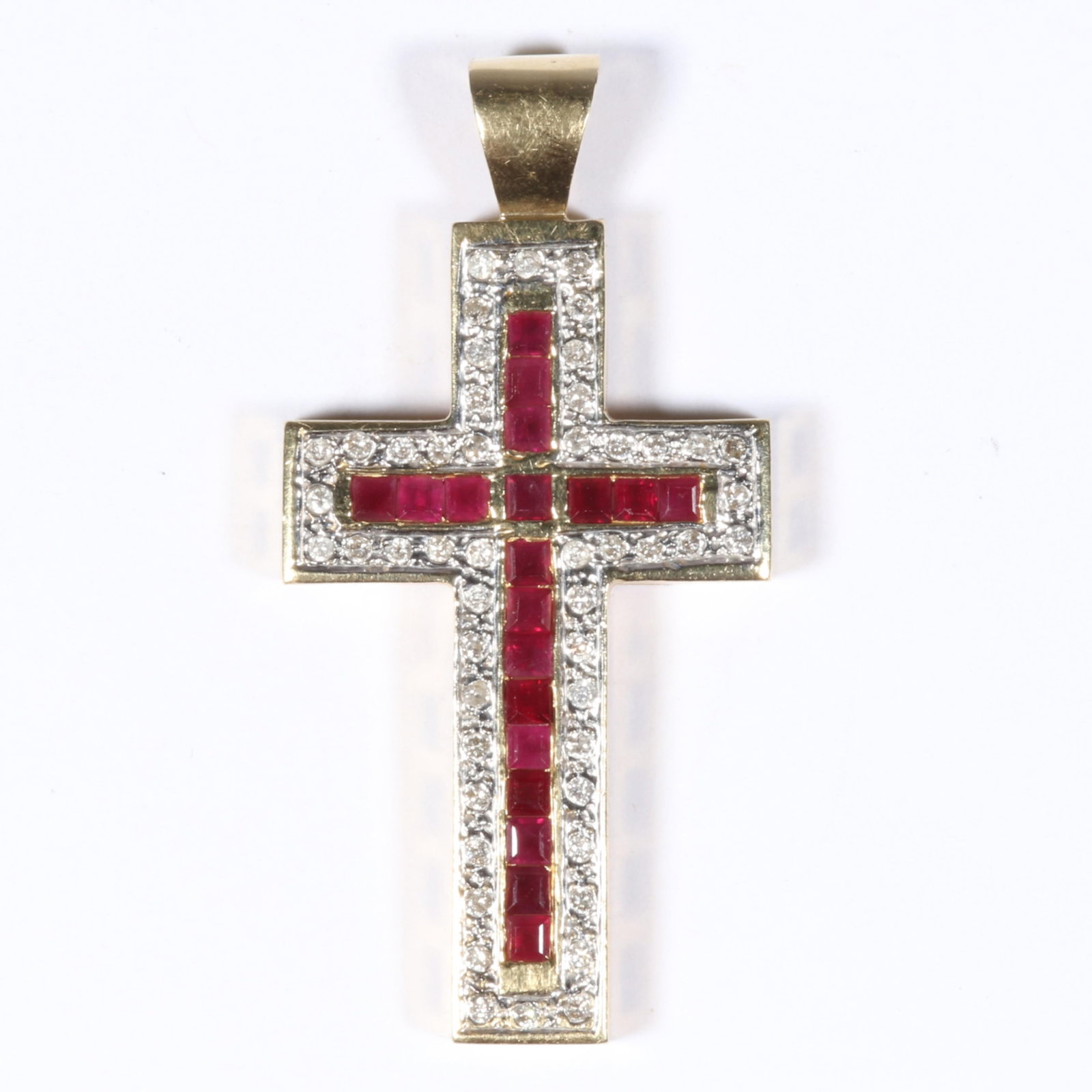 14K Two-Tone Gold Diamond and Ruby Cross Pendant, Unmarked, Tested 2 1/4" x 1 1/8": 14K Two-Tone Gold Diamond and Ruby Cross Pendant, Unmarked, Tested 12.04 dwt. The diamonds RB, approx. .75tcw J-K, I1-I2. The rubies are lab created. Both the diamonds and rubies have some chipped, ni