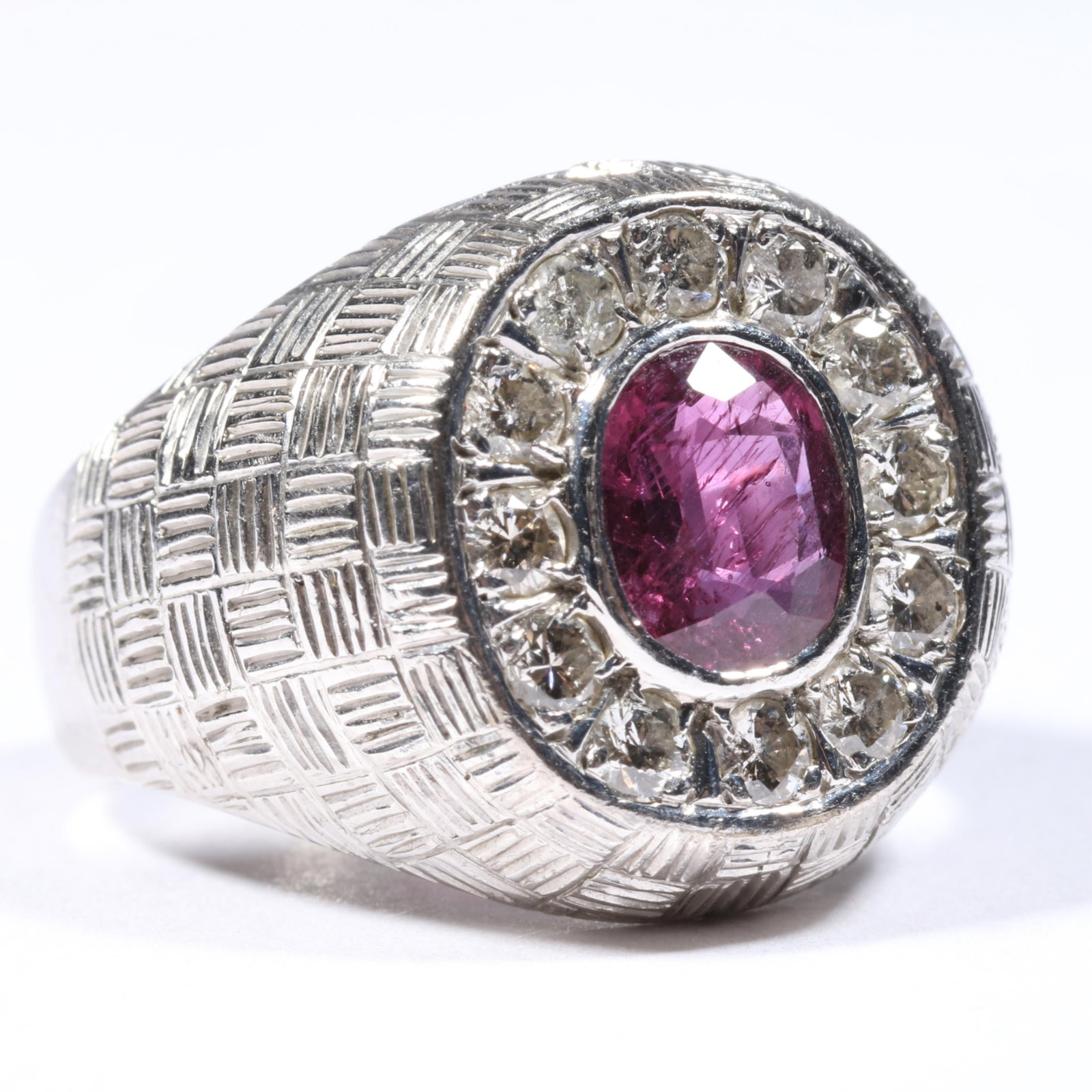 Gent's Vintage Estate 14K White Gold, Ruby, and Diamond Signet Ring with Stamp Pattern Texture Size: Gent's Vintage Estate 14K White Gold, Ruby, and Diamond Signet Ring with Stamp Pattern Texture 7.26 dwt. center bezel set ruby measures 7.74 x 6.35 x 3.07mm, est. 1.27ct. surrounded by twelve 2.4mm RB
