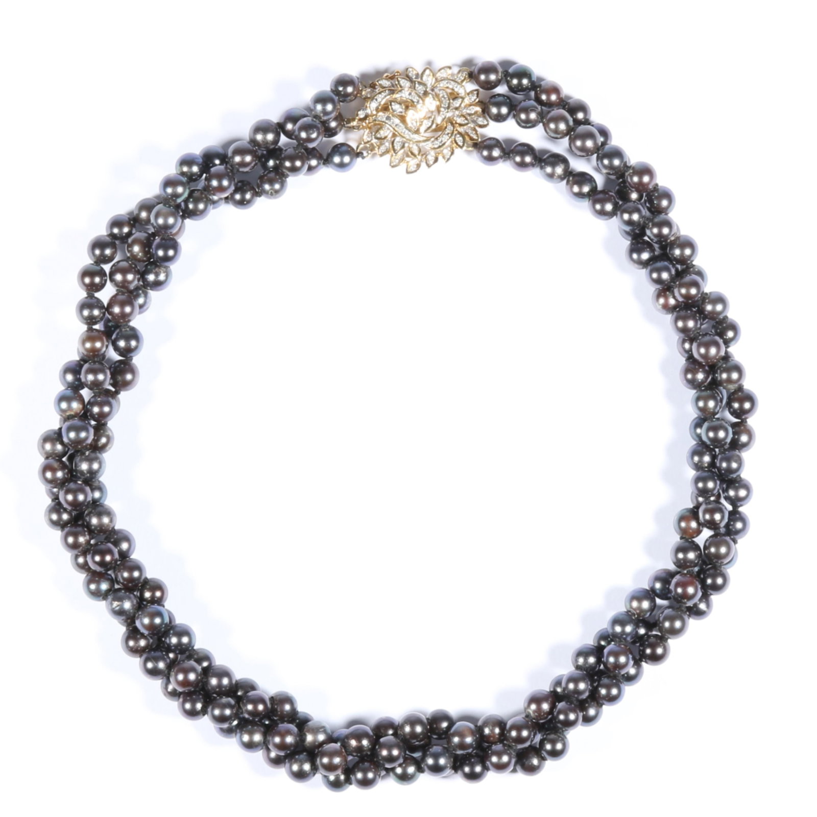 14K Yellow Gold Three-Strand Black Cultured Pearl Necklace with Diamond Floral Cluster Clasp 17"L x: 14K Yellow Gold Three-Strand Black Cultured Pearl Necklace with Diamond Floral Cluster Clasp 37.90 dwt. 45 - single cut round diamonds approx. .23tcw Each black cultured pearl measures approx. 6.0 mm 