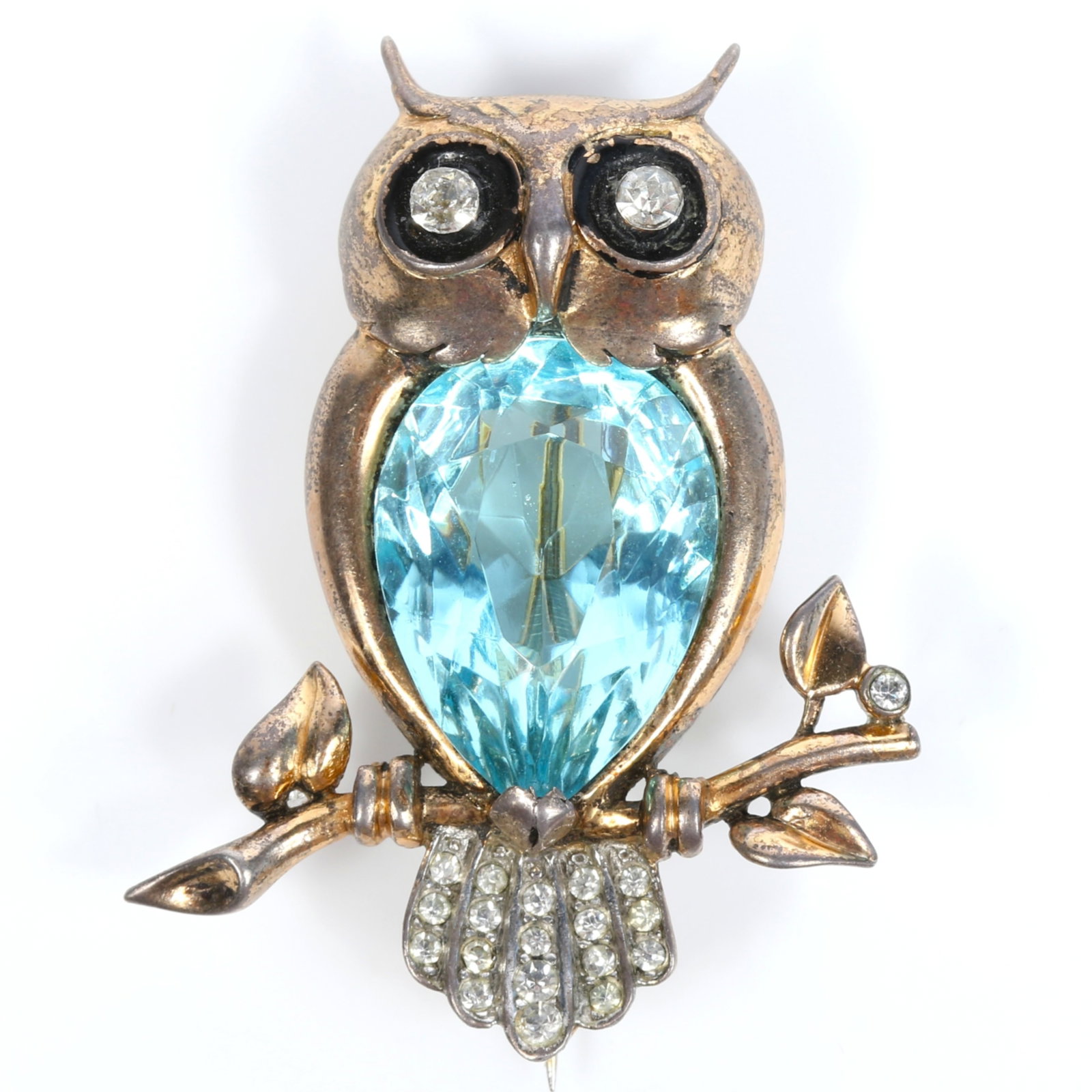 Reja sterling vermeil retro jewel belly owl on a branch brooch with rhinestone crystal eyes and tail (1 of 10)