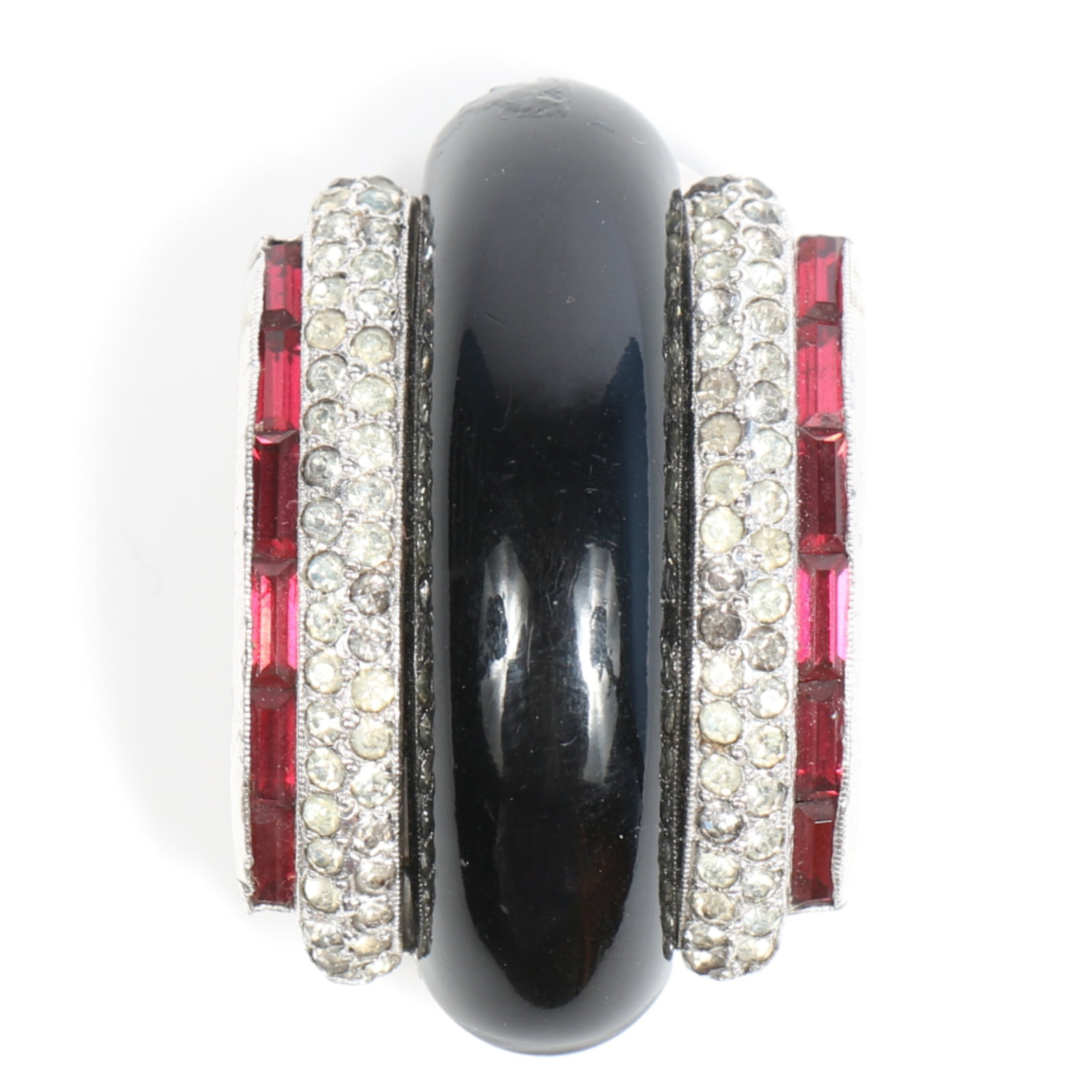 Rare KTF Trifari rhodium plated dress clip with black enamel, pave, and ruby red baguettes 1 1/2"H x: Rare KTF Trifari rhodium plated dress clip with black enamel, pave, and ruby red baguettes 1 1/2"H x 1"W