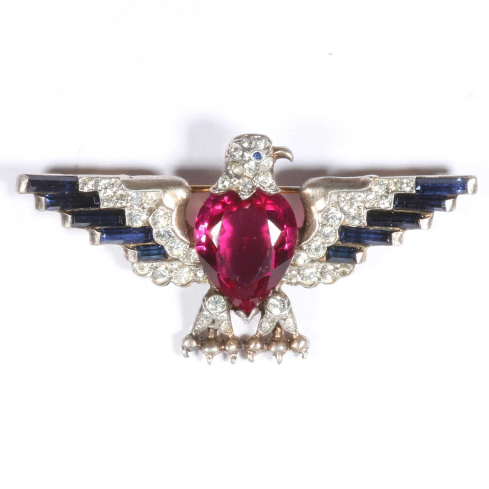 Trifari Alfred Philippe sterling vermeil WWII patriotic eagle brooch with ruby jewel belly and: Trifari Alfred Philippe sterling vermeil WWII patriotic eagle brooch with ruby jewel belly and rhinestone wings 1 1/8"H x 2 1/4"W