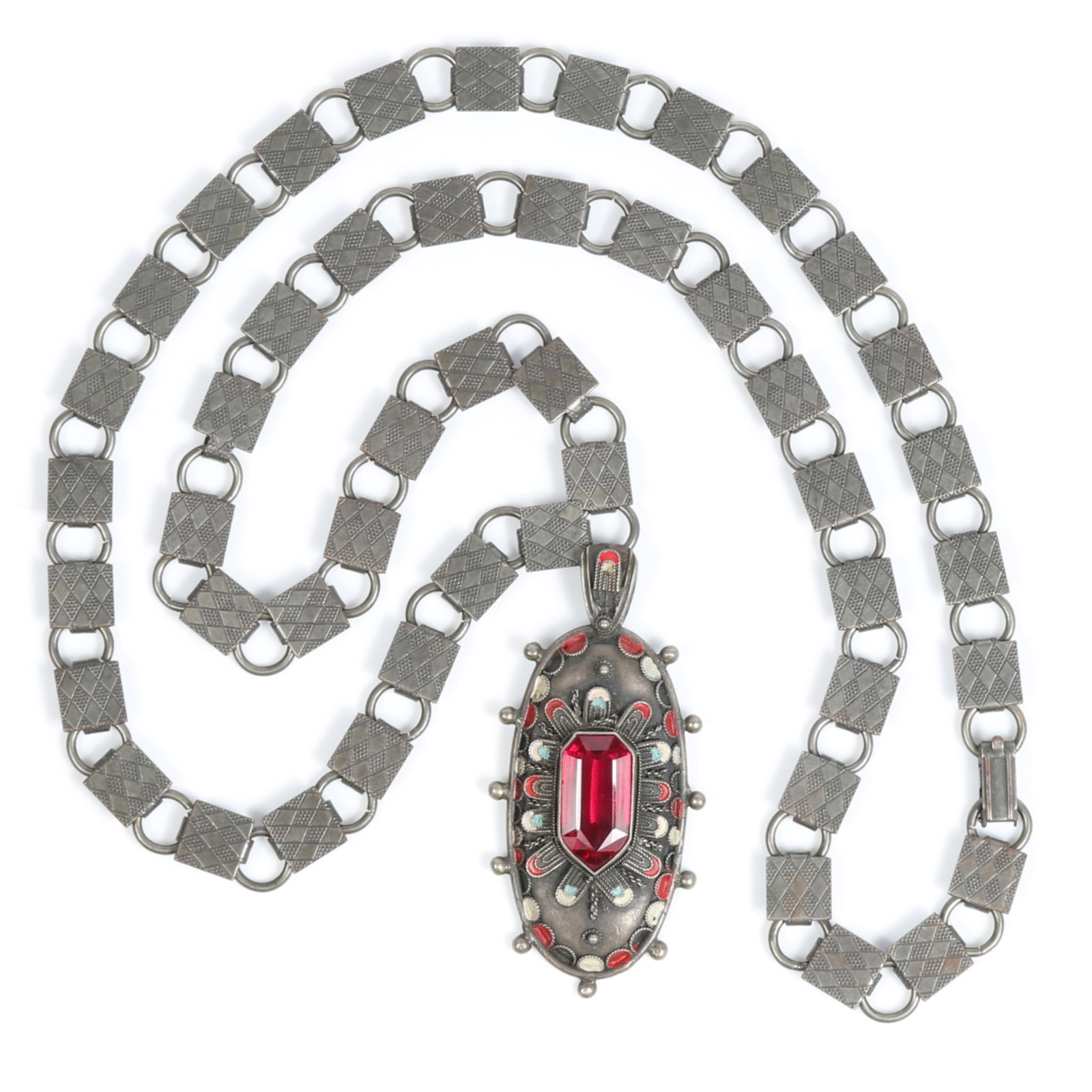 Art Deco pendant necklace with book chain, enamel, and large ruby red Czech glass jewel 30"L x: Art Deco pendant necklace with book chain, enamel, and large ruby red Czech glass jewel 30"L x 3"Drop