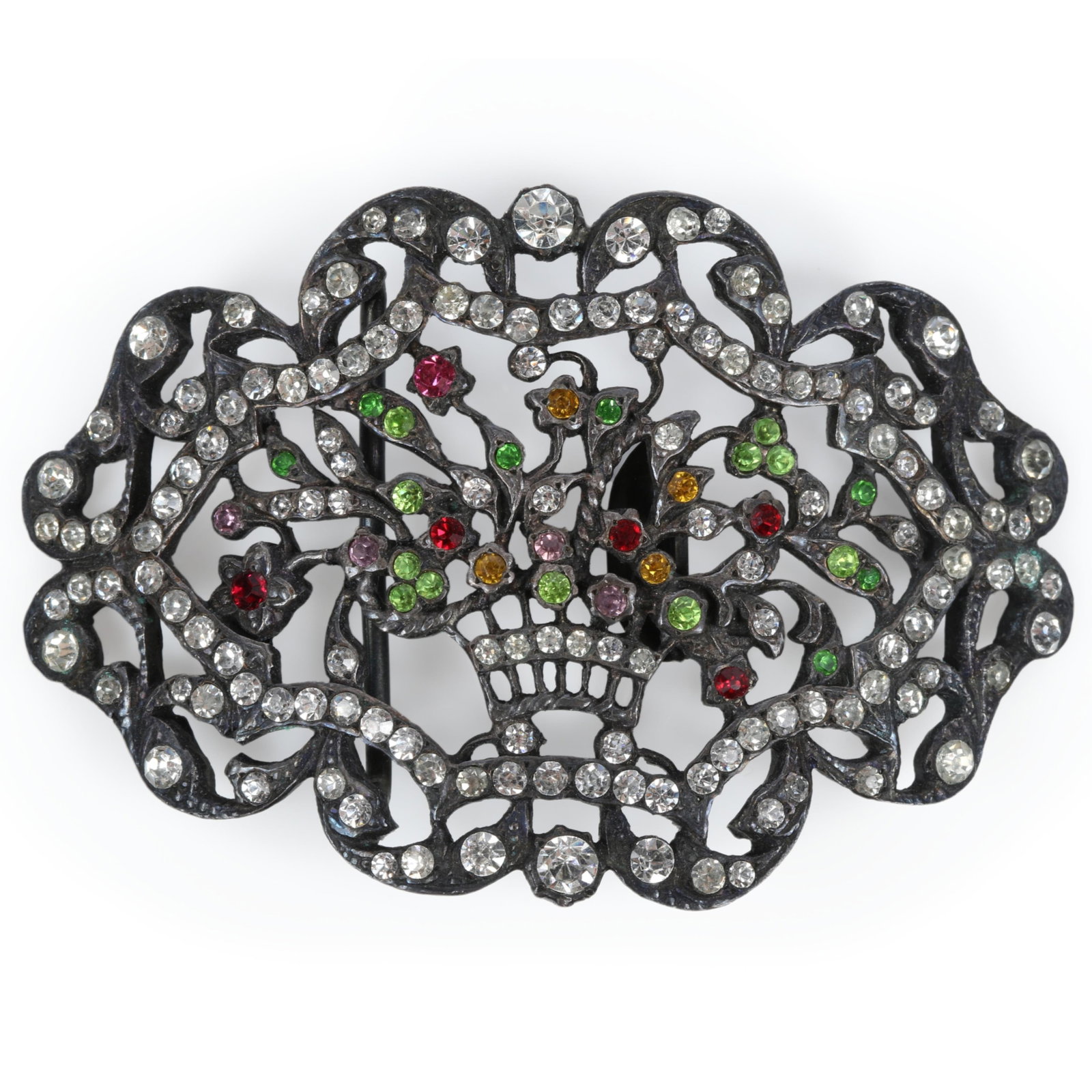 Large Victorian paste buckle with center flower basket motif and multi colored stones 2 1/4"H x 3 (1 of 9)