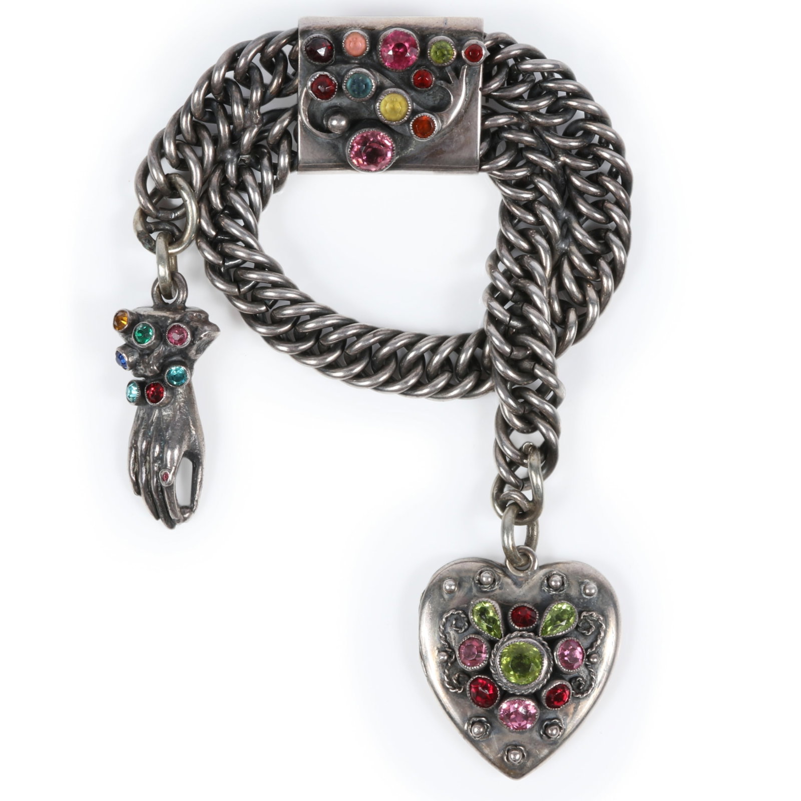 Hobe sterling chatelaine with jeweled heart locket and hand 4 1/8"H x 2 3/4"W (1 of 14)