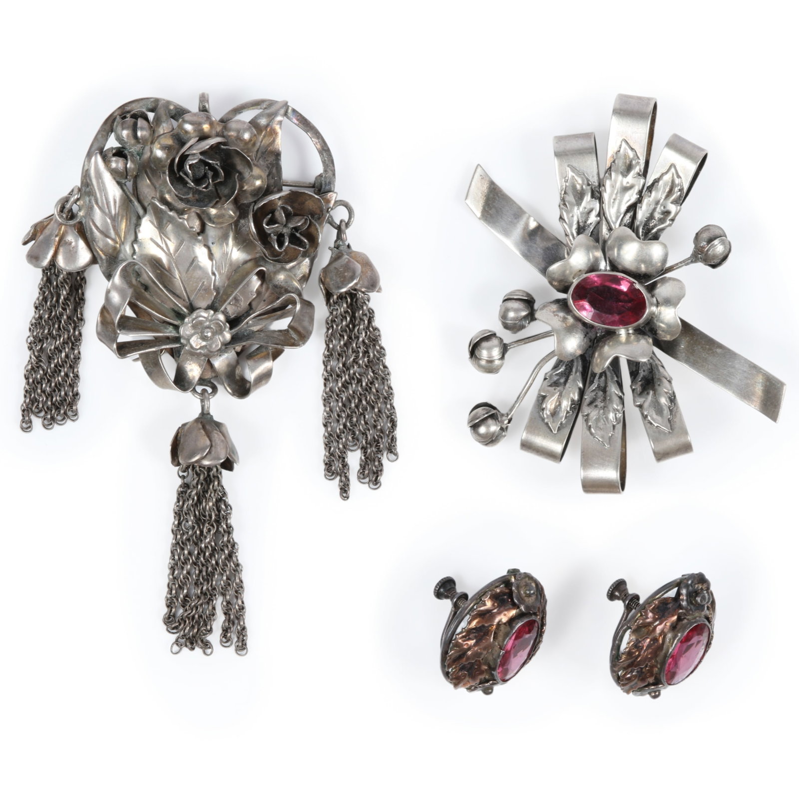 Hobe sterling silver 3pc group: pair of floral bow brooches and complementary earrings with pink (1 of 18)