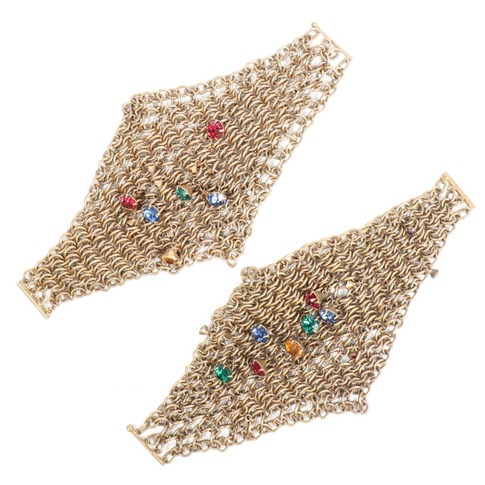 Early Miriam Haskell? Pair of vintage gold-tone heavy chain link mesh bracelets with multi-colored (1 of 10)