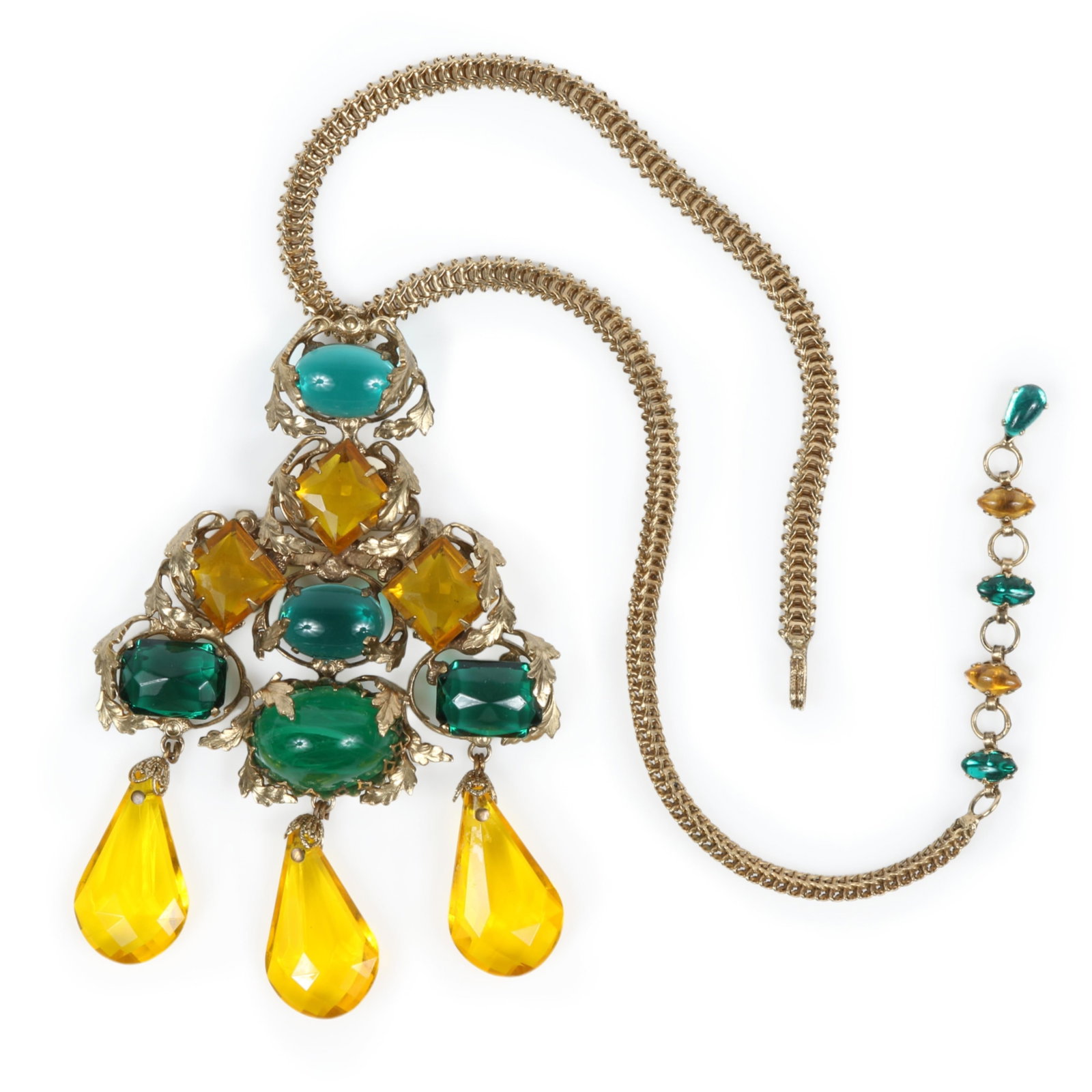 Schreiner large pendant necklace brooch with green and yellow glass cabochons, green swirl jelly: Schreiner large pendant necklace brooch with green and yellow glass cabochons, green swirl jelly cabochon, and yellow plastic drops, unsigned. 18"L x 5"Drop
