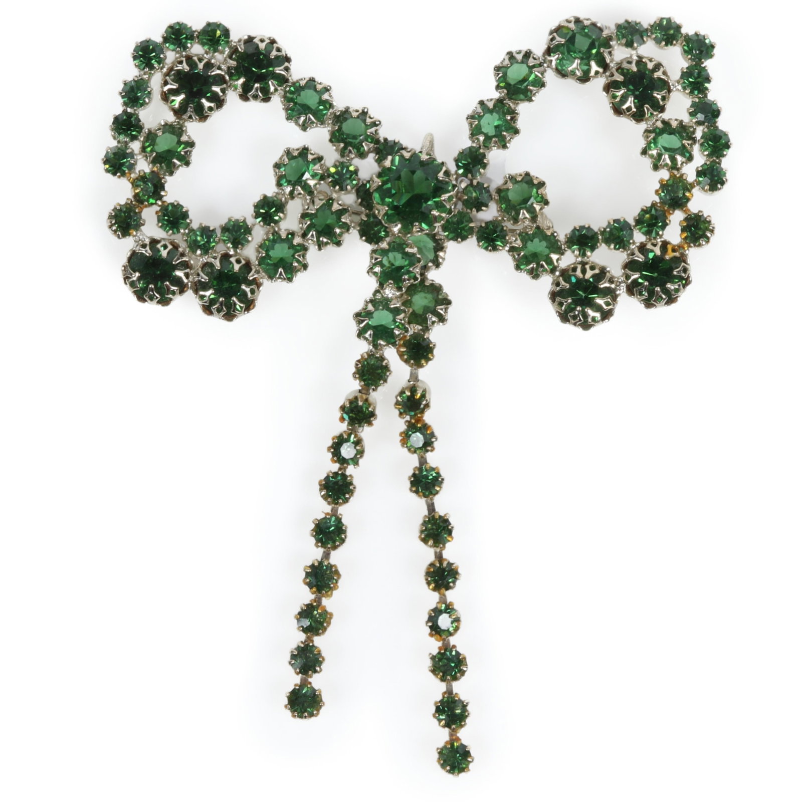 Large Schreiner bow pendant brooch with forest green rhinestone crystals, unsigned 4 1/4"H x 3 1/2"W (1 of 8)