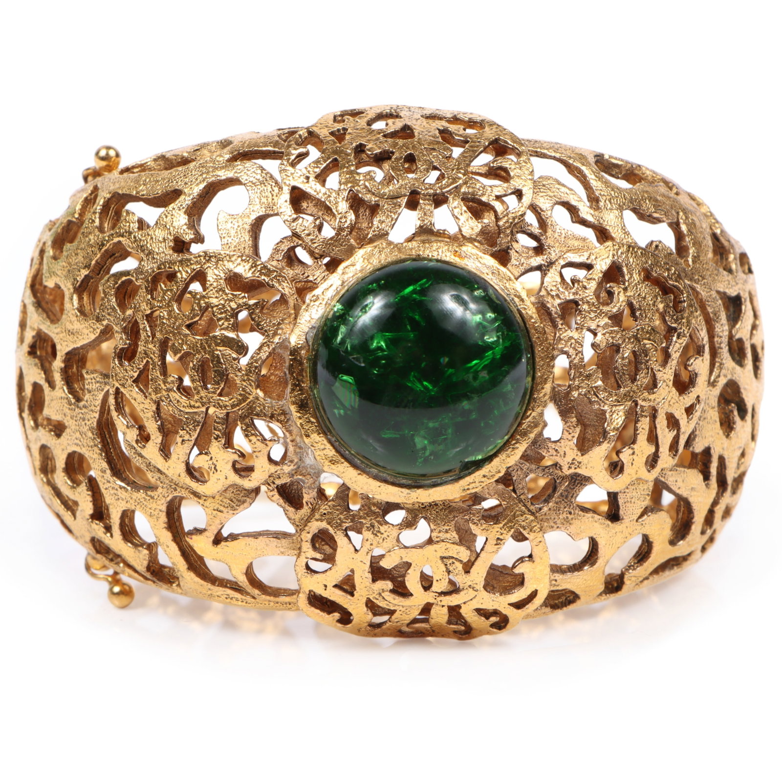 Chanel 1987 green Gripoix clover cuff bracelet with CC logo filigree design 2"W x 2 1/2"Inner Diam. (1 of 8)