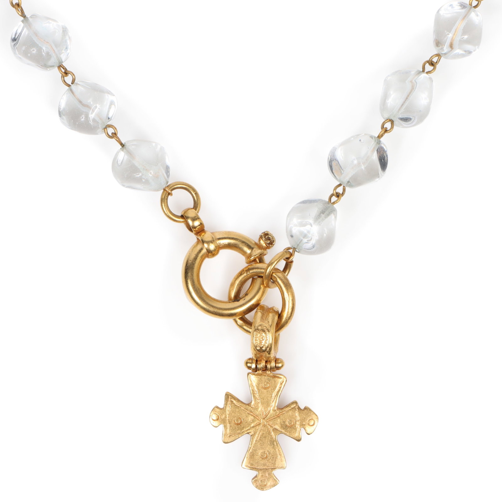 Chanel pendant necklace with large colorless glass beads and a medieval-inspired gold-tone cross, (1 of 5)