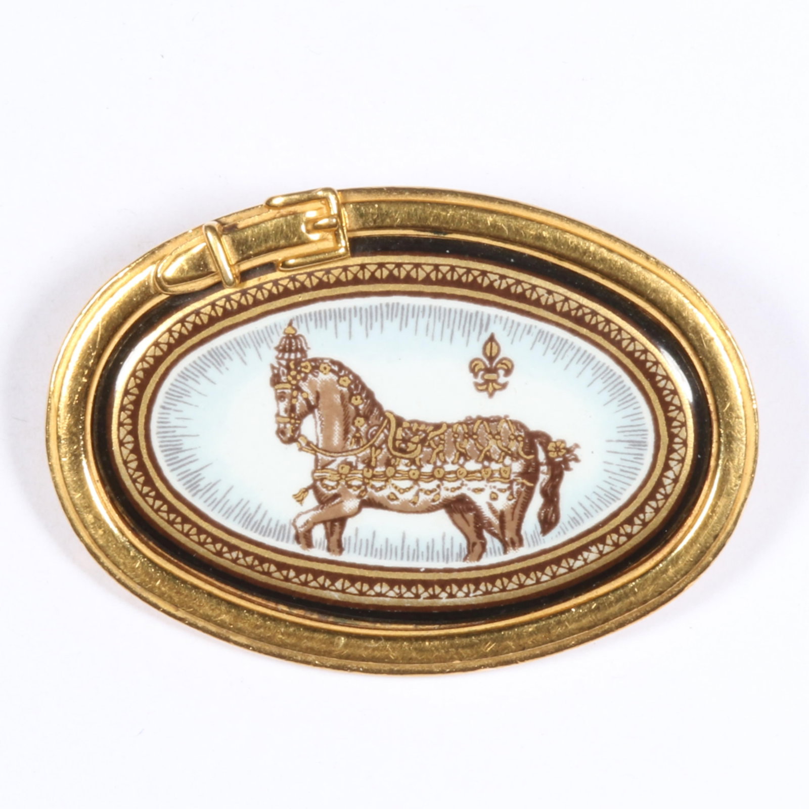 Hermes Grand Apparat dressed horse gold plated enamel brooch with buckle border 1 3/4"L x 1 1/4"H: Hermes Grand Apparat dressed horse gold plated enamel brooch with buckle border 1 3/4"L x 1 1/4"H