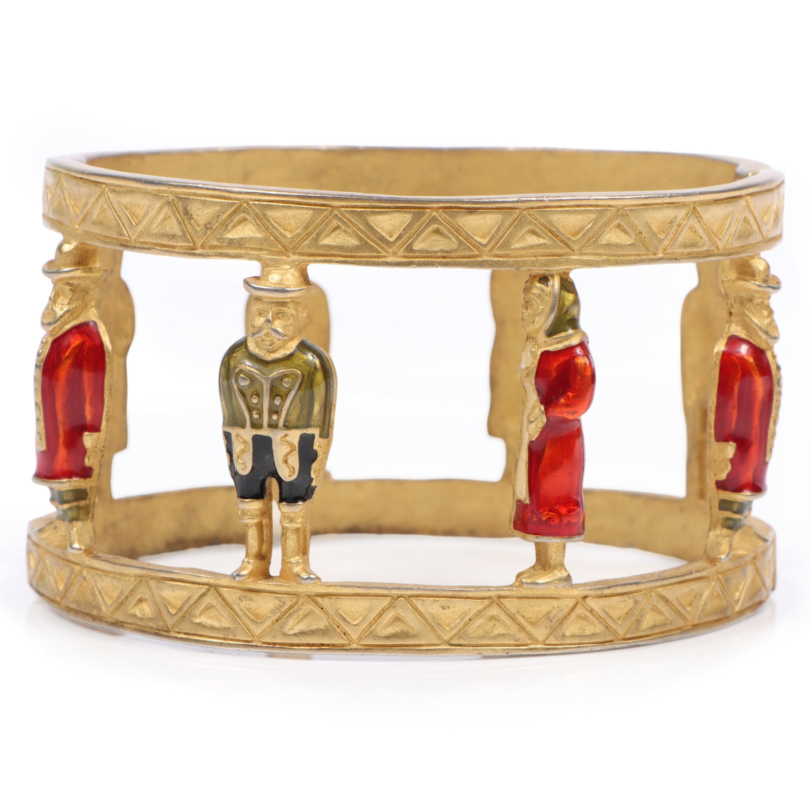 Karl Lagerfeld hinged bangle bracelet with enamel figural pillars 1 3/4"W x 2 3/4"Inner Diam. (1 of 6)