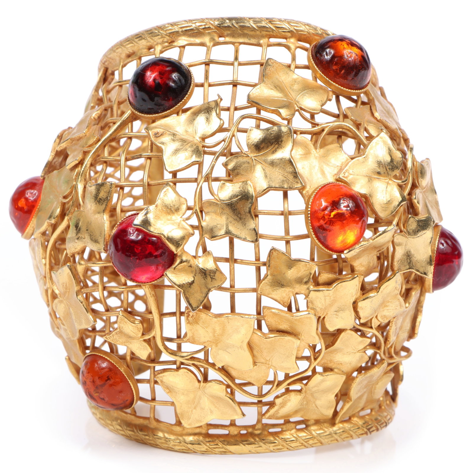 Philippe Ferrandis Paris dimensional cuff bracelet with glass cabochons and ivy leaf motif 3 1/2"W x (1 of 7)