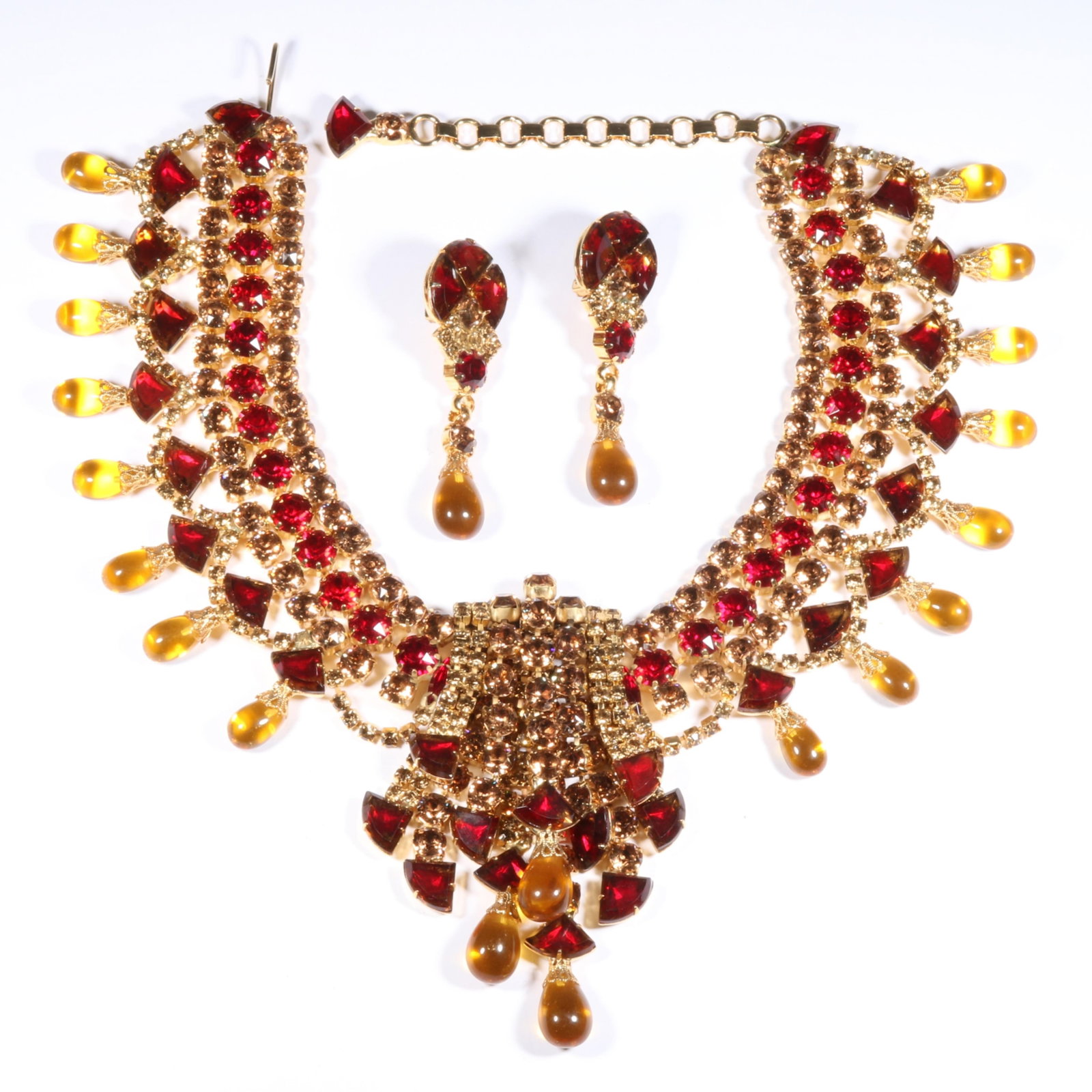 HUGE Alan Anderson statement demi parure with champagne and ruby red rhinestones, and amber glass (1 of 13)