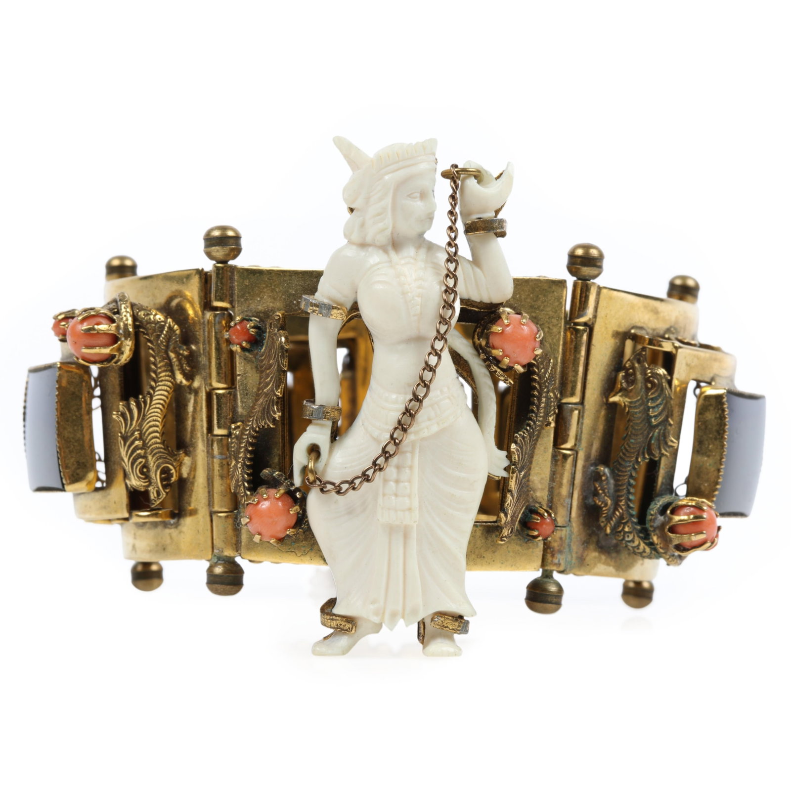 Chunky mid century book piece panel bracelet with carved figural dancer, dragons, black glass: Chunky mid century book piece panel bracelet with carved figural dancer, dragons, black glass panels, and faux? coral cabochons "Fabulous Fakes" by Carole Tanenbaum, pg. 142 8"L x 2 1/4"H