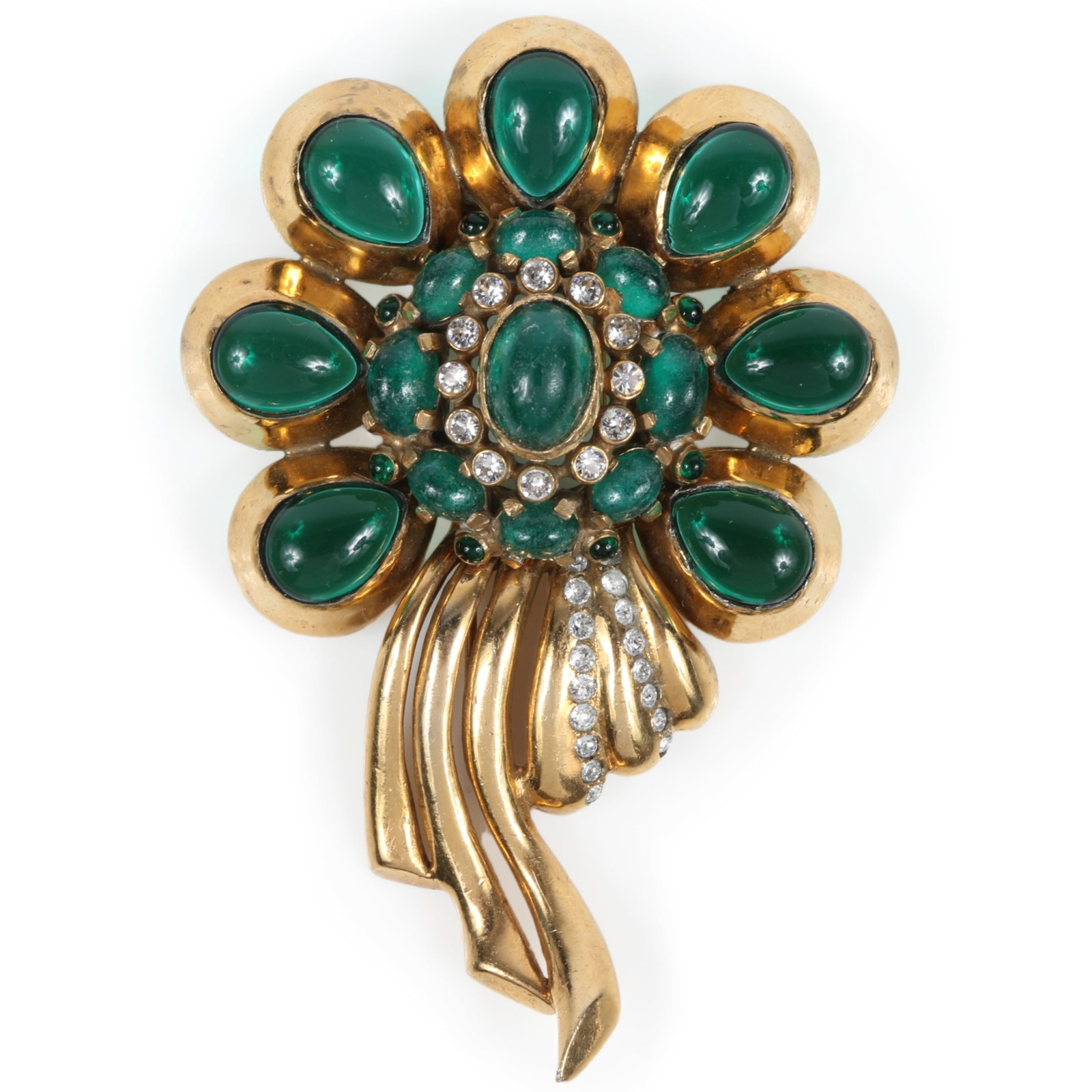 Early retro Hattie Carnegie fur clip with large green jelly cabochons and rhinestone crystals 3 3/4" (1 of 10)