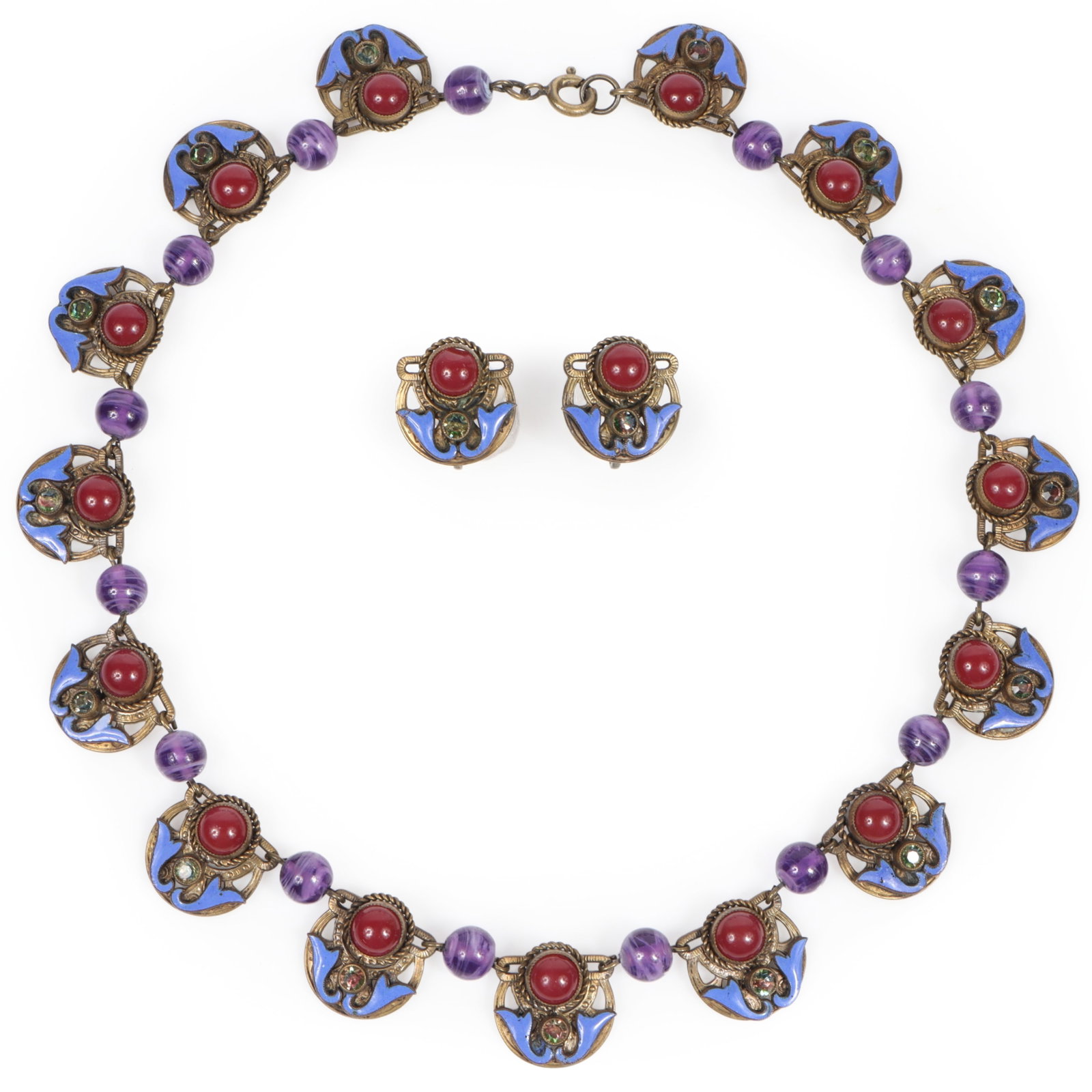 Wonderful Czech glass choker necklace and matching earrings with swirled amethyst art glass beads,: Wonderful Czech glass choker necklace and matching earrings with swirled amethyst art glass beads, carnelian glass cabochons, periwinkle enamel, and rhinestone crystals 14 1/2"Long x 1/2"W (necklace)