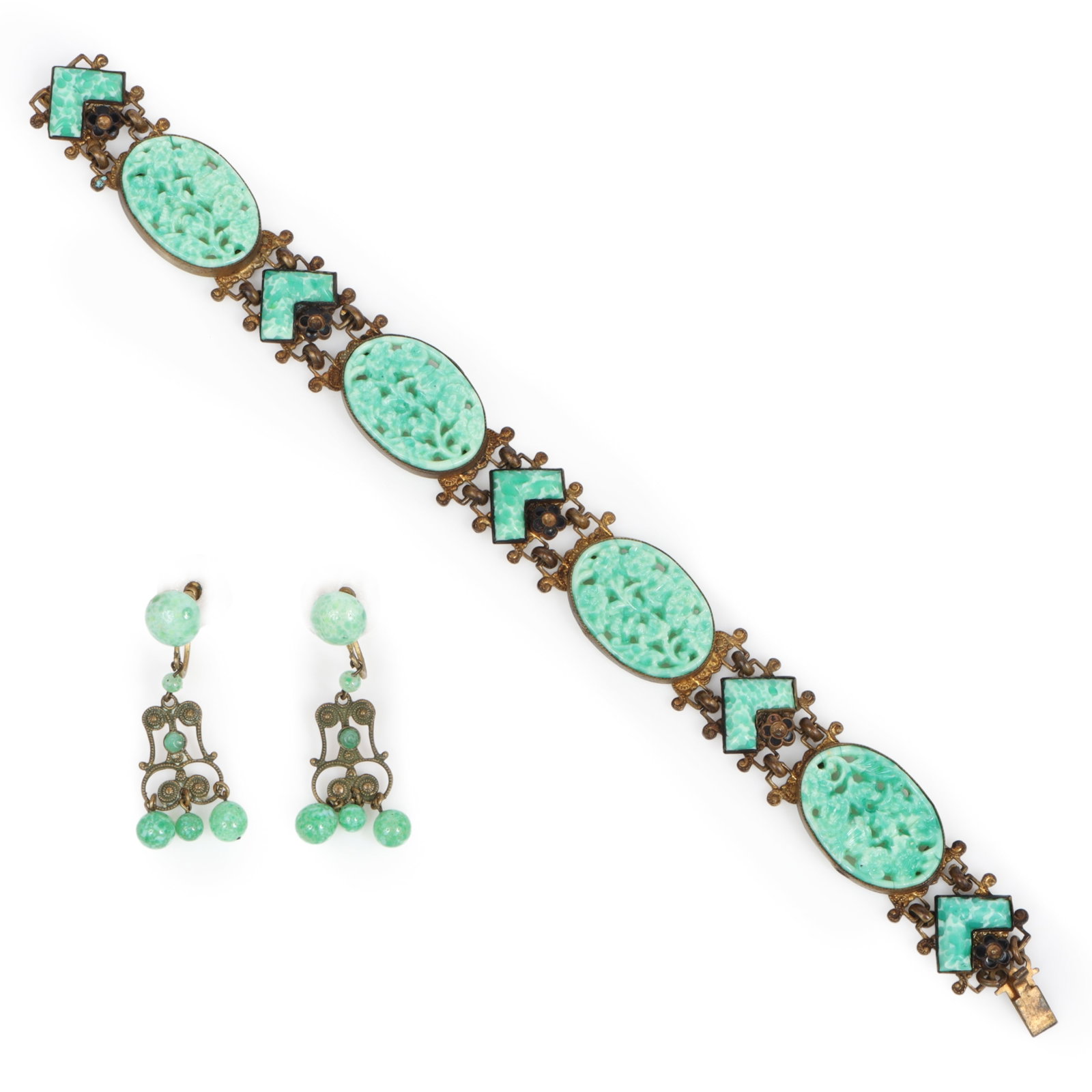 Art Deco Chinoiserie style Czech Peking glass and brass bracelet and earrings 7 1/4"Long x 1/2"W (1 of 6)
