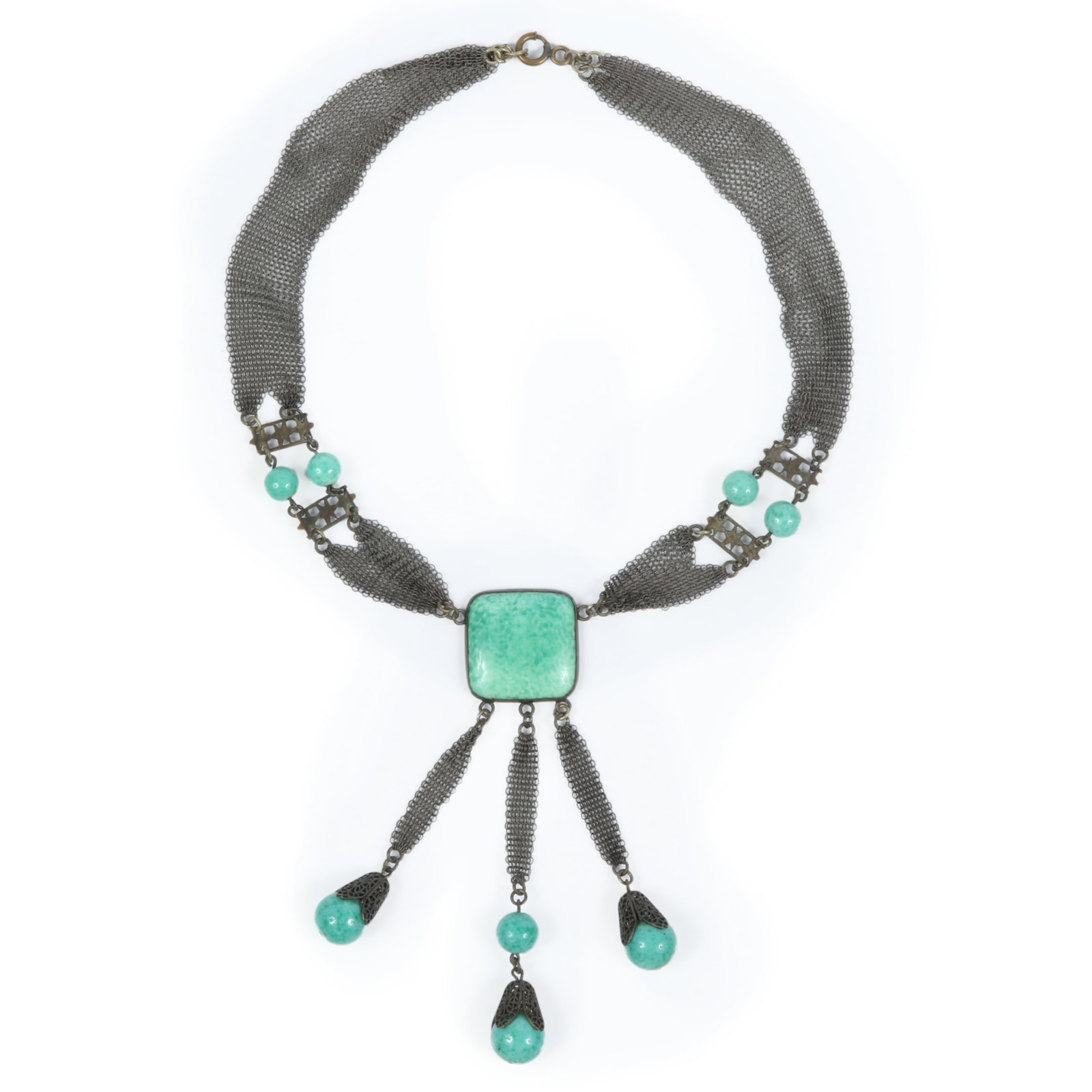 Art Deco Czech glass mesh necklace with Peking glass cabochon and drops 16"L x 4"Drop (1 of 12)