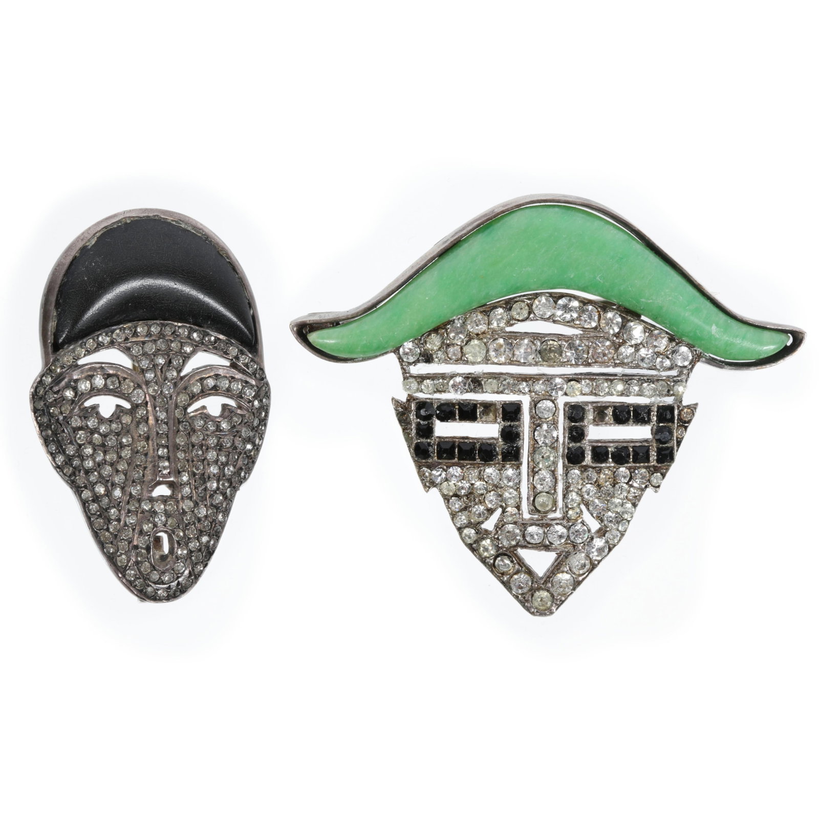 Pair of French Art Deco Pierrot and Toreador pave mask brooches with black and slightly marbled: Pair of French Art Deco Pierrot and Toreador pave mask brooches with black and slightly marbled green Galalith hats, smaller is sterling silver Green hat is signed "Made in France" and has several sto