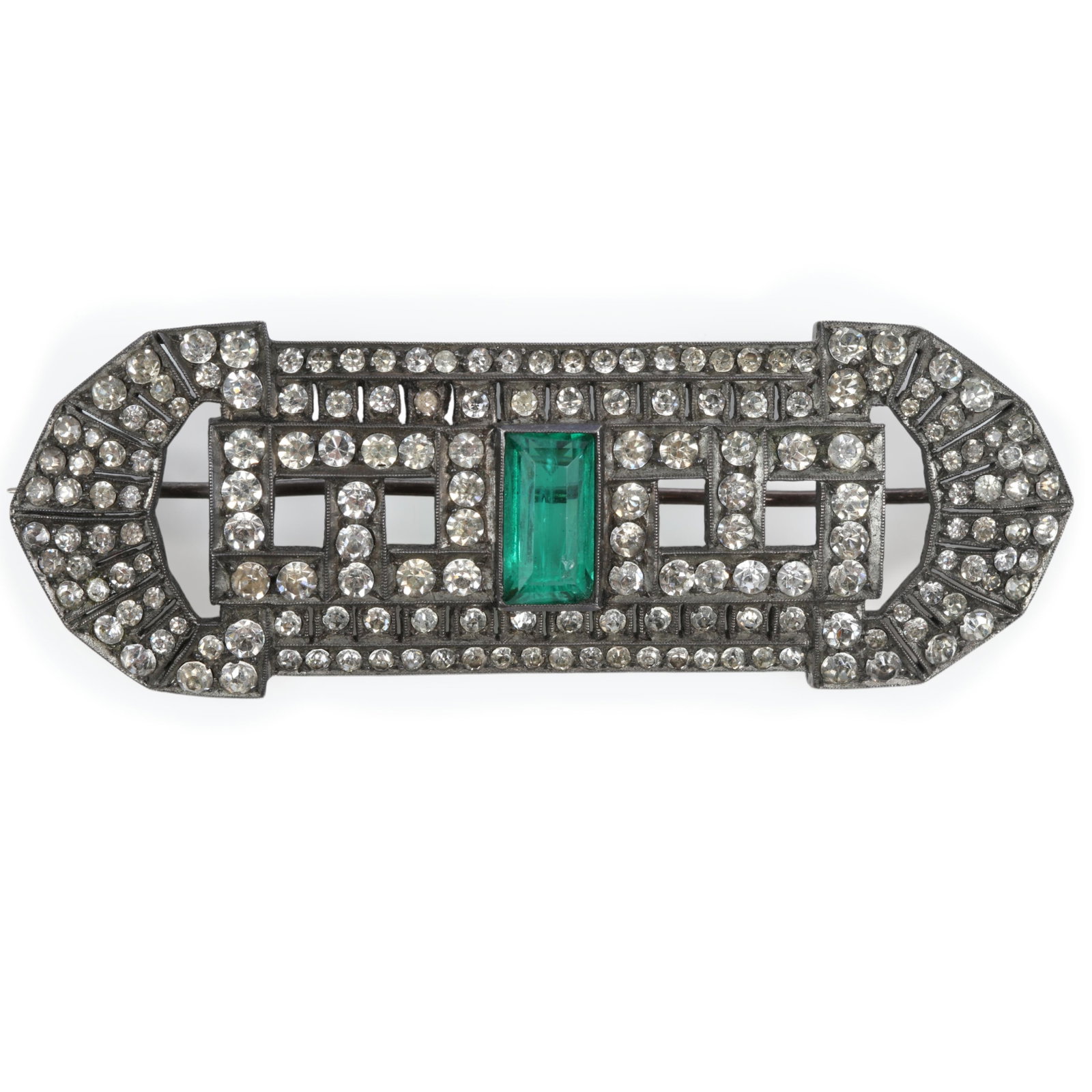 German Art Deco sterling silver brooch with large emerald green glass center stone and diamante (1 of 9)