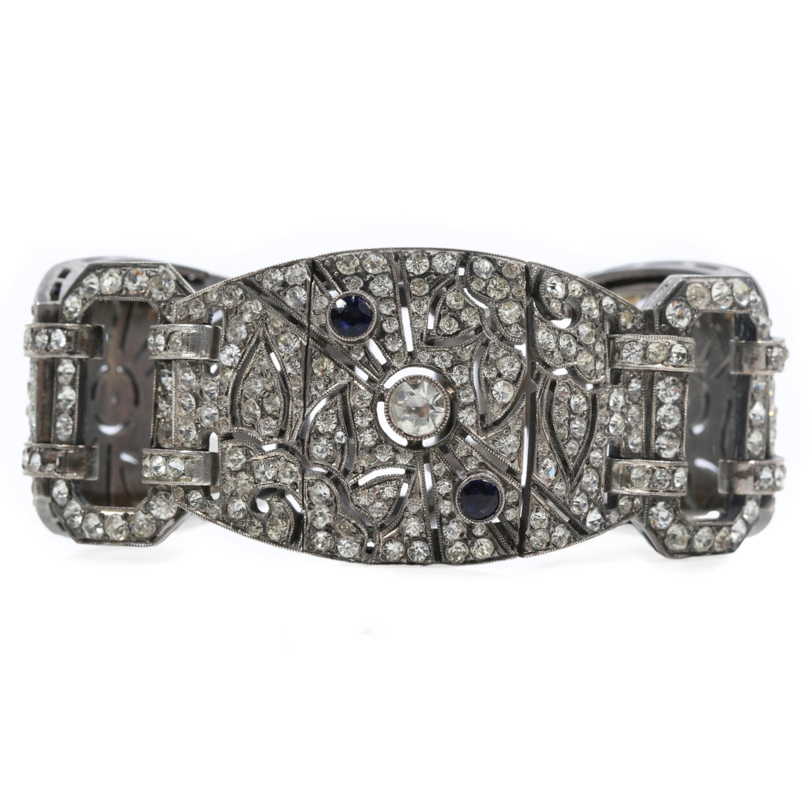 Art Deco sterling silver book piece bracelet with pave and sapphire glass stones 7"L x 1 1/8"W (1 of 14)