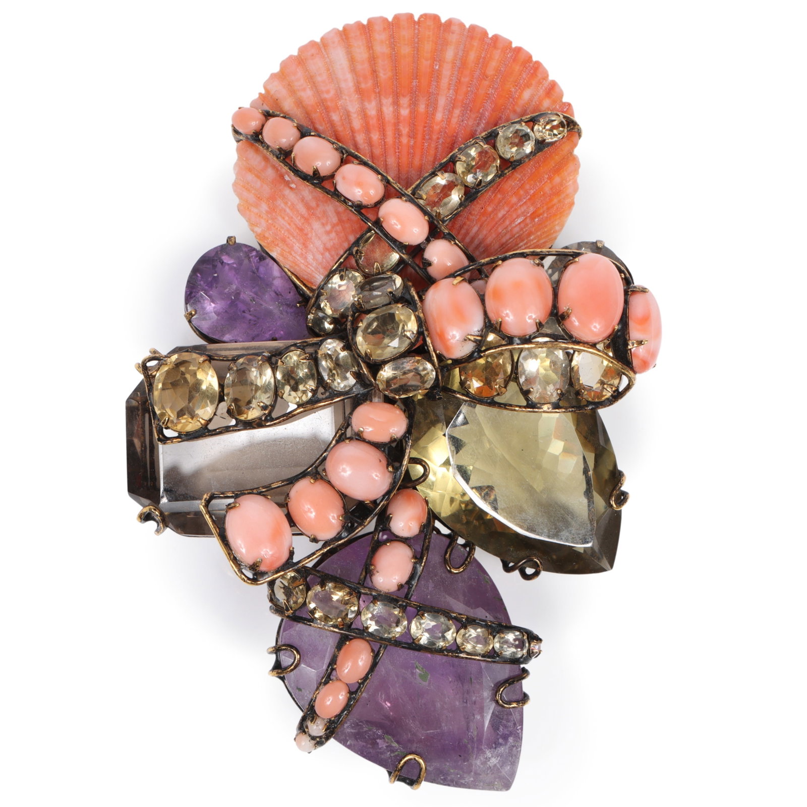 GIANT Iradj Moini brooch featuring intricate gold-plated brass wire construction decorated with: GIANT Iradj Moini brooch featuring intricate gold-plated brass wire construction decorated with large shell, coral, amethyst, and citrine gemstones 5"H x 3 1/2"W
