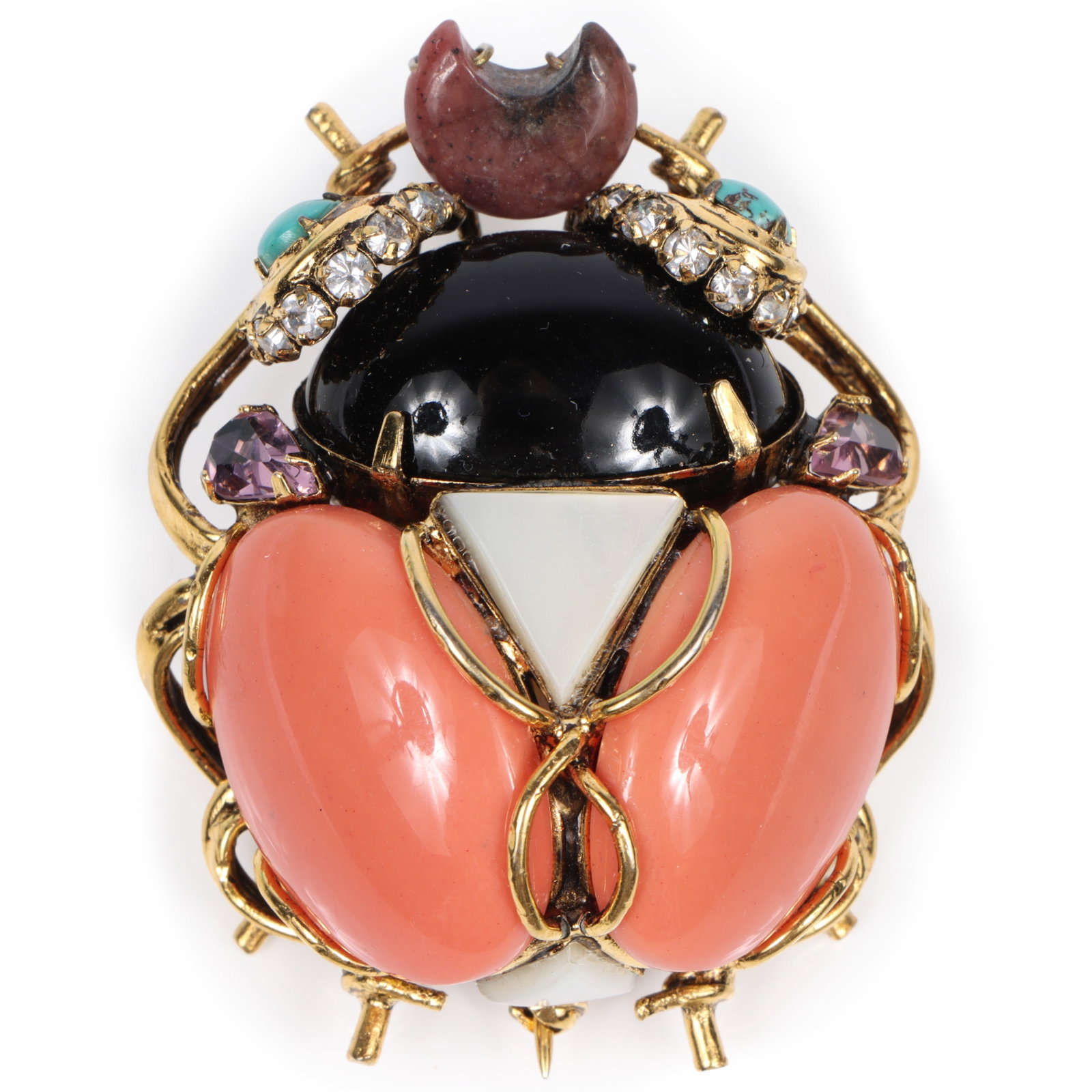Iradj Moini large beetle bug brooch with large coral and onyx cabochons, turquoise eyes, and (1 of 8)