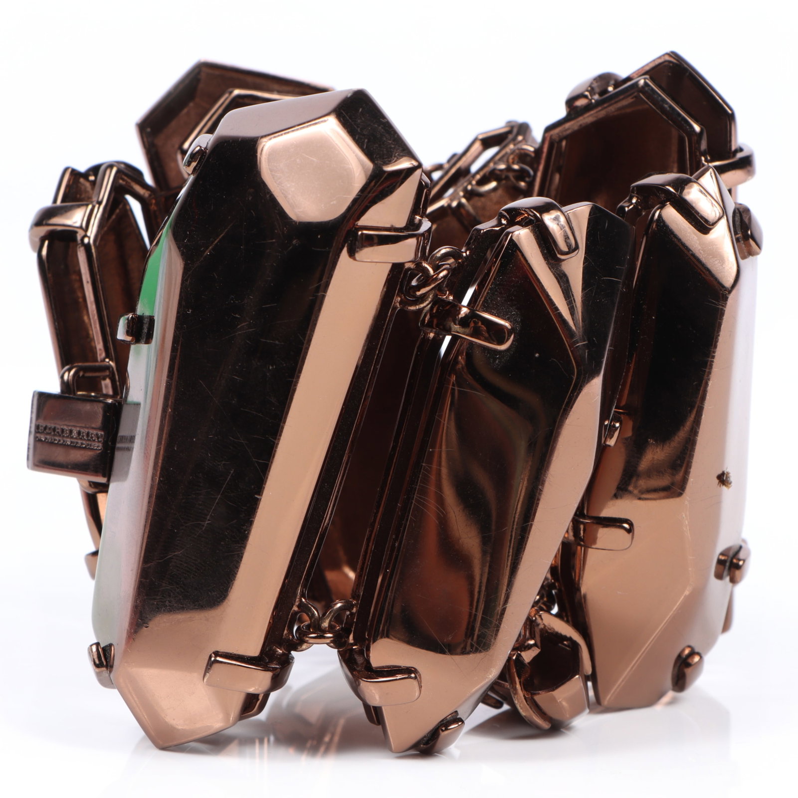 Burberry bracelet featuring large, massive copper-tone metal faceted panels 3 1/2"W x 8"Long (1 of 7)