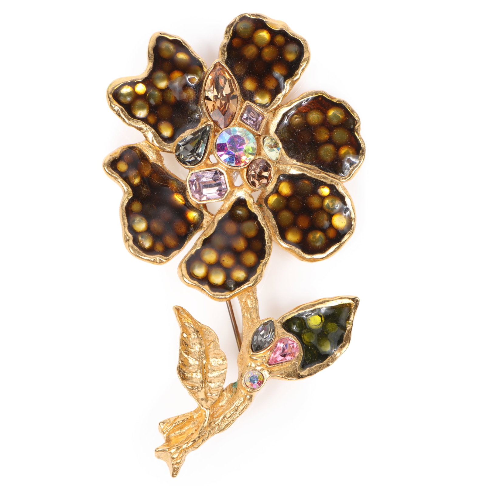 Christian Lacroix flower brooch with enameled petals and colorful rhinestone embellishments. 4"H x 2 (1 of 5)