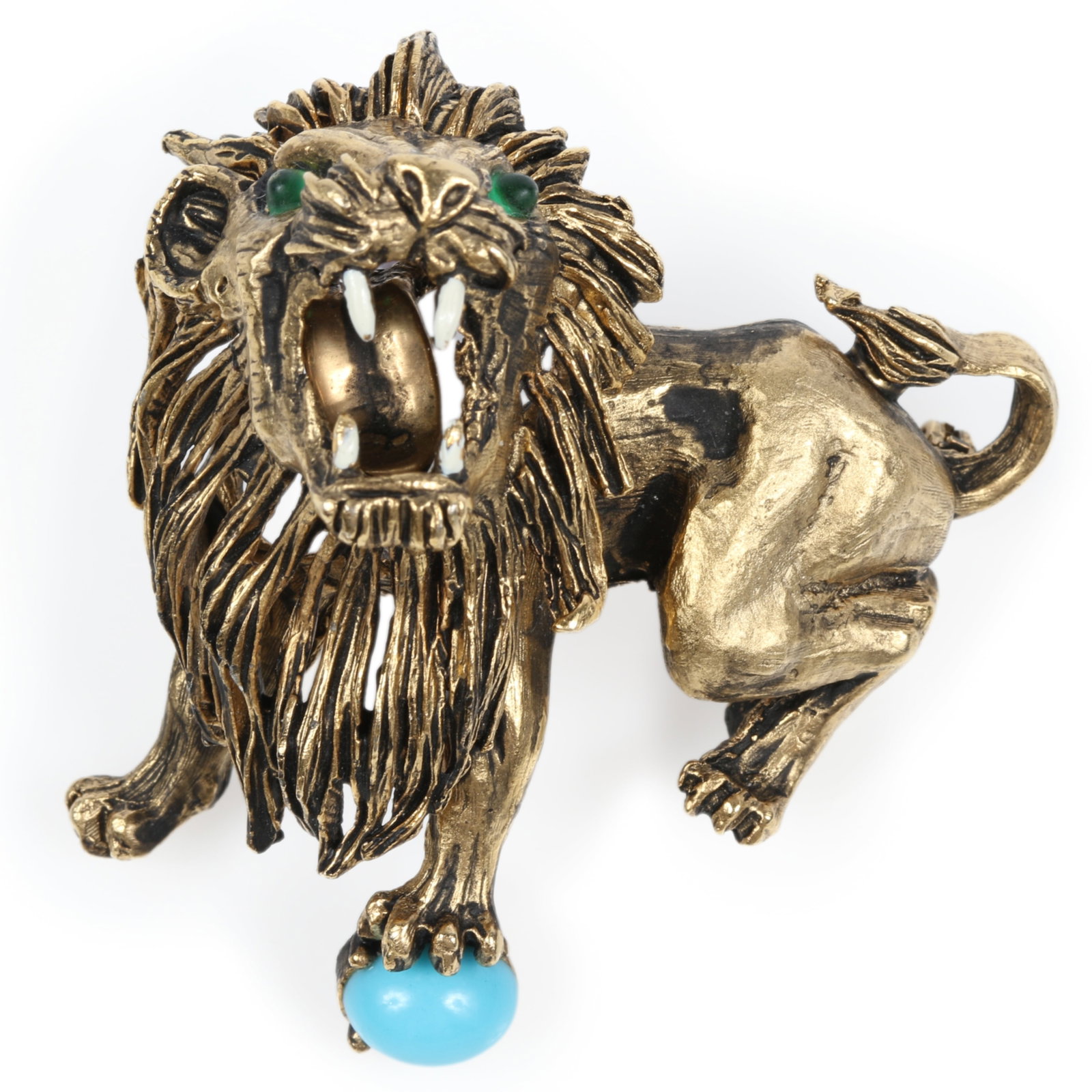 Hattie Carnegie fierce roaring lion dimensional brooch with green glass cabochon eyes, white enamel (1 of 10)