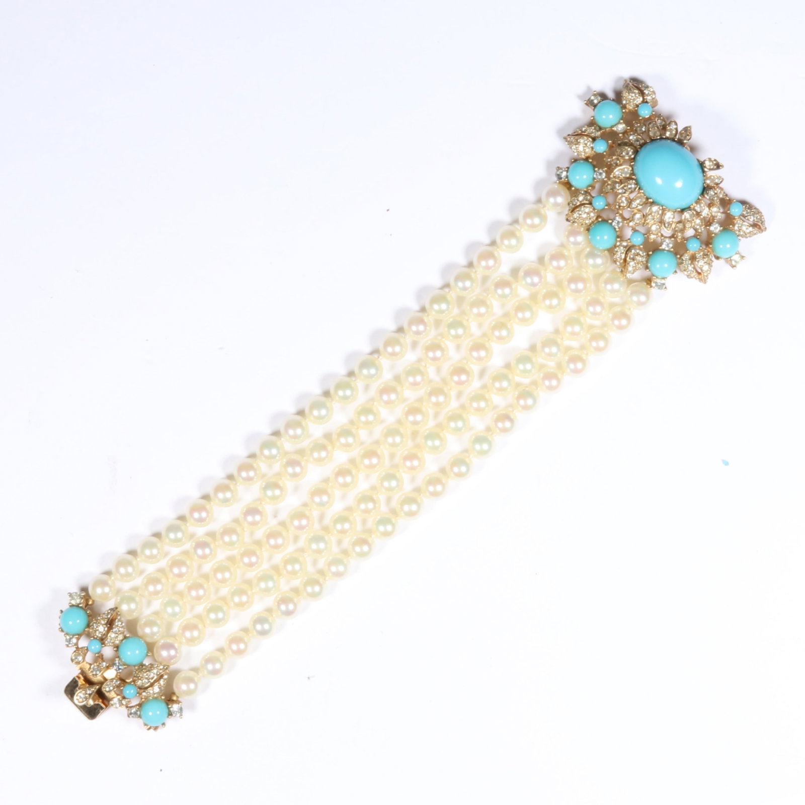 Ciner five-strand faux pearl book piece bracelet with fancy turquoise glass cabochon and rhinestone (1 of 7)