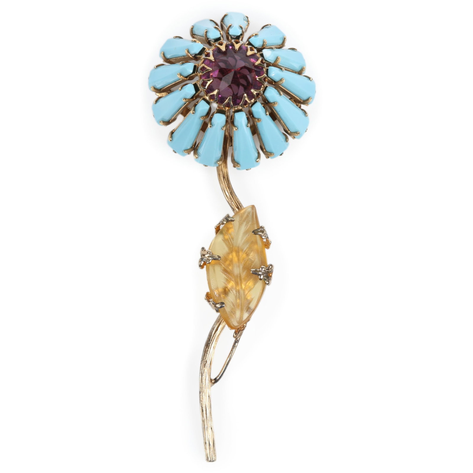 Schreiner dimensional flower brooch with reverse set amethyst jewel center, blue glass petals and: Schreiner dimensional flower brooch with reverse set amethyst jewel center, blue glass petals and leaf, unsigned 4 1/8"H x 1 1/2"W