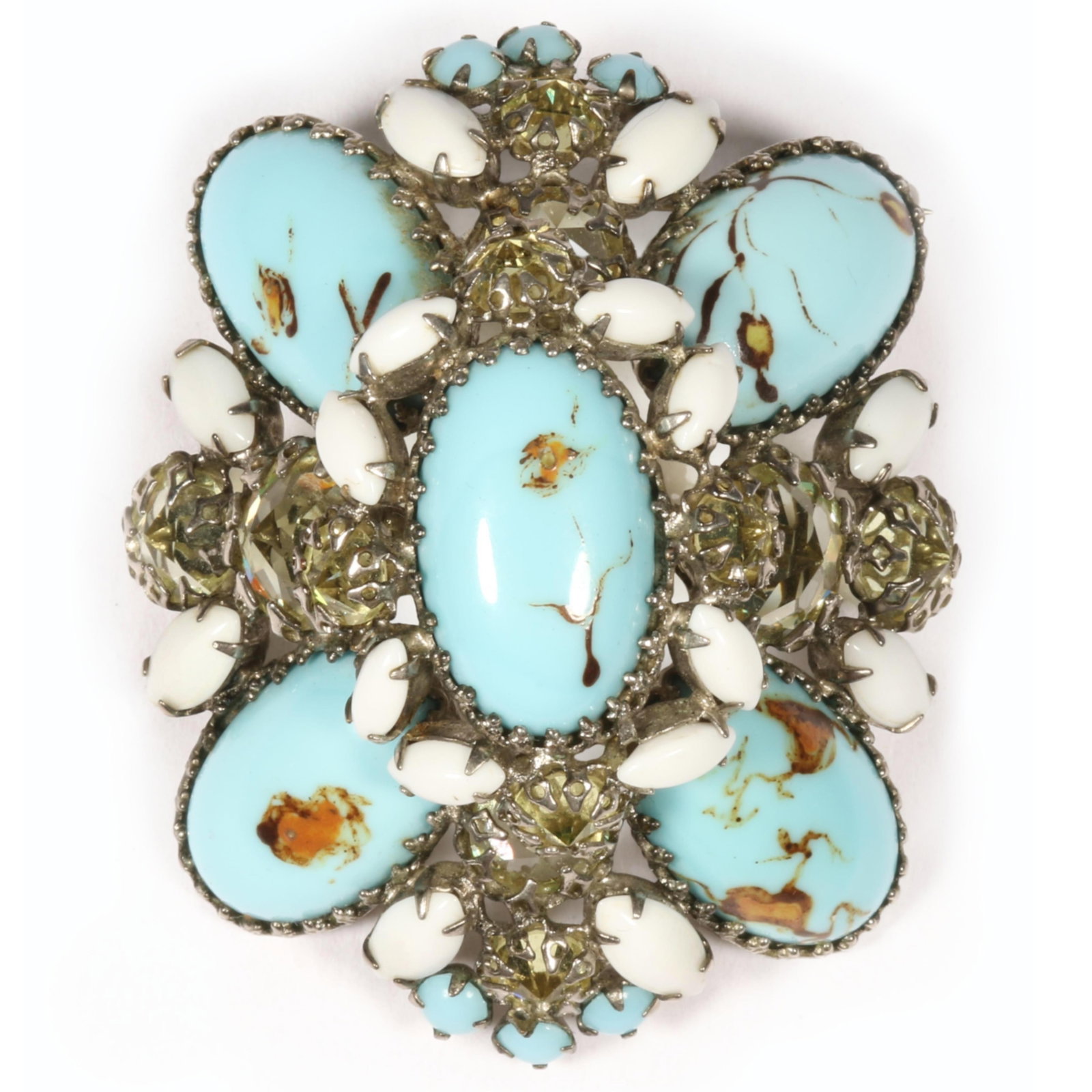 Schreiner New York unusual pendant brooch with white and robin's egg blue cabochon art stones and (1 of 10)