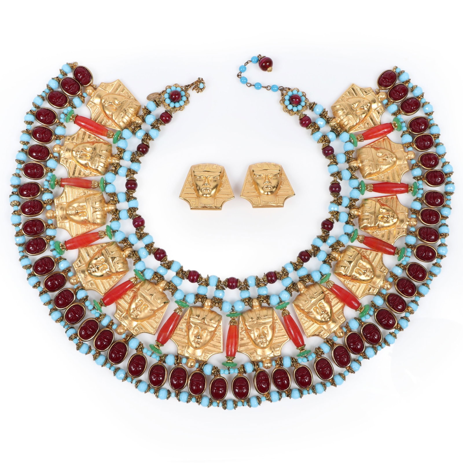 Larry Vrba for Miriam Haskell monumental Egyptian Revival bib necklace with gilt pharaoh heads, (1 of 11)