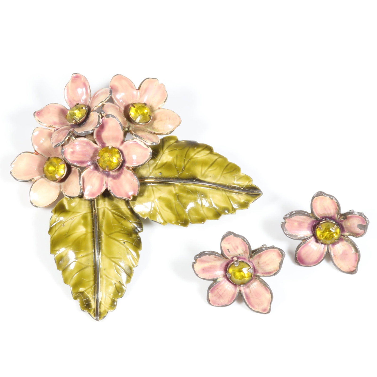 Sandor large dimensional sterling and enamel flower brooch and matching earrings with center jewels (1 of 11)