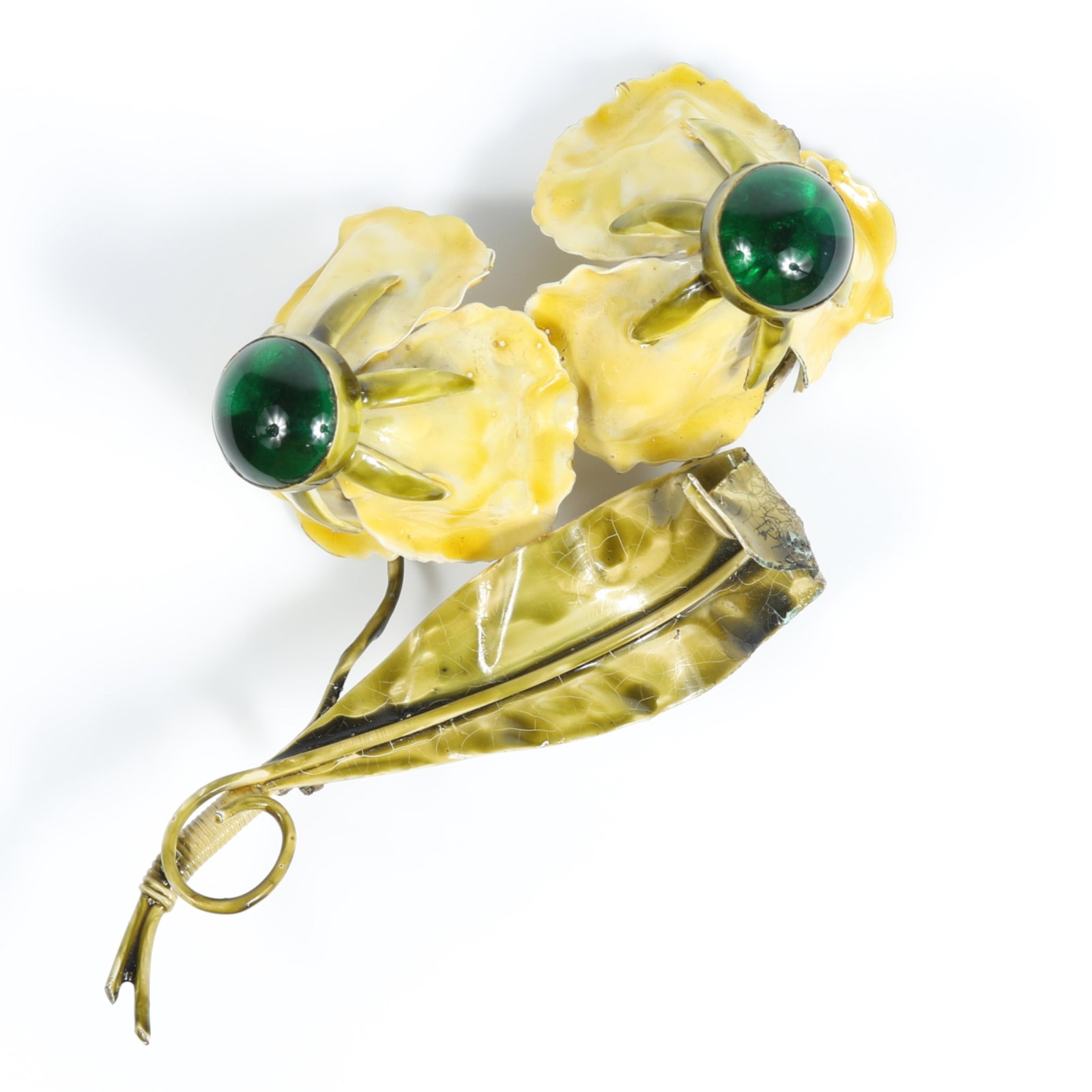 Sandor large super dimensional enamel floral brooch with large bezel set green glass cabochon: Sandor large super dimensional enamel floral brooch with large bezel set green glass cabochon centers. 4 1/2"H x 2 1/2"W