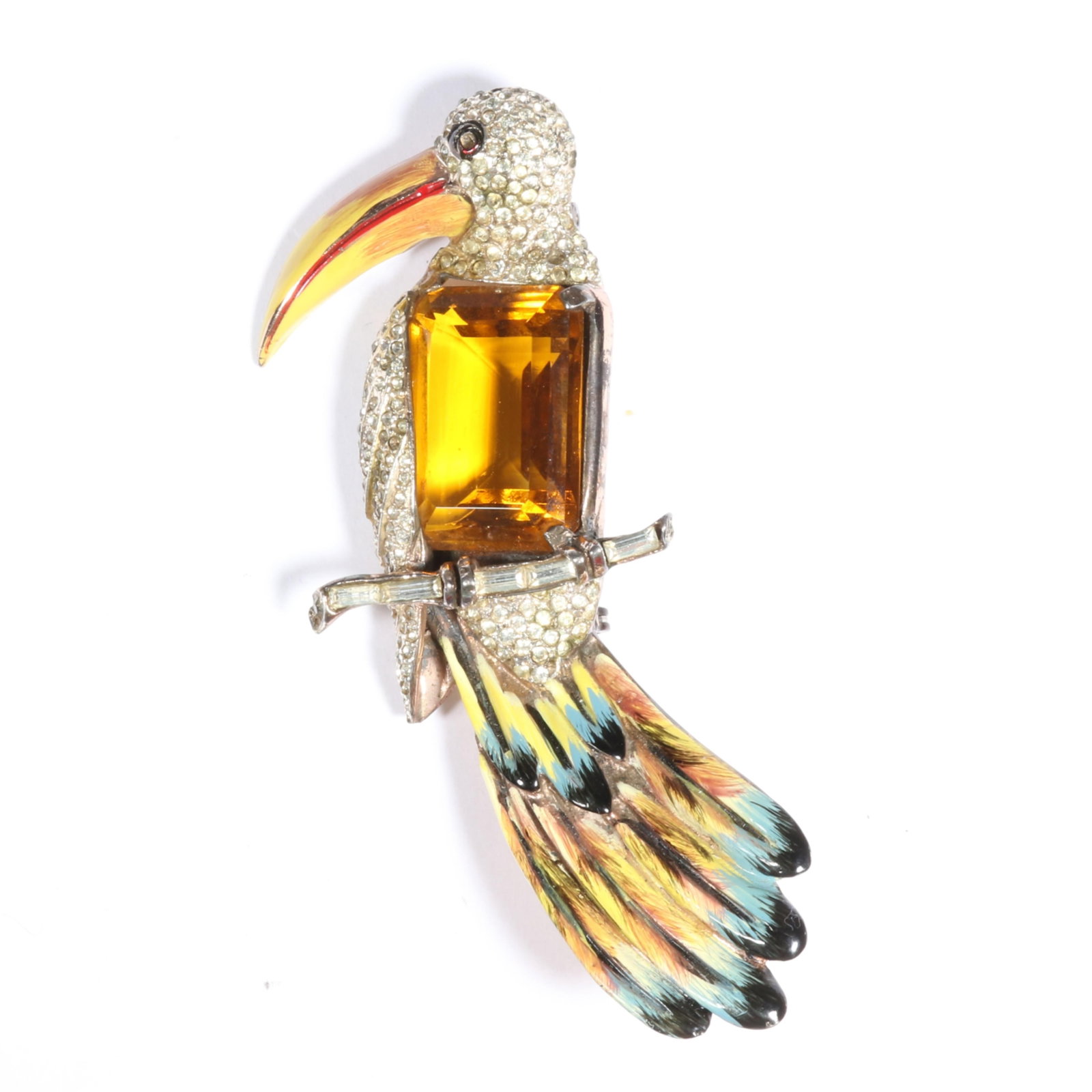 Coro Craft / CoroCraft sterling vermeil "Toucan" large amber jewel belly book piece brooch with (1 of 9)