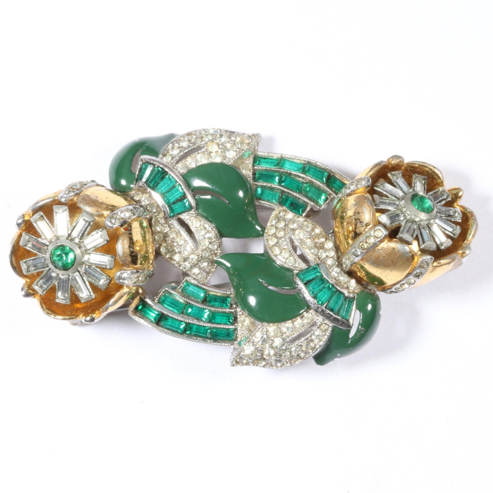 Coro Duette Quivering Camellias floral trembler pin brooch with green baguettes, pave, and green (1 of 10)