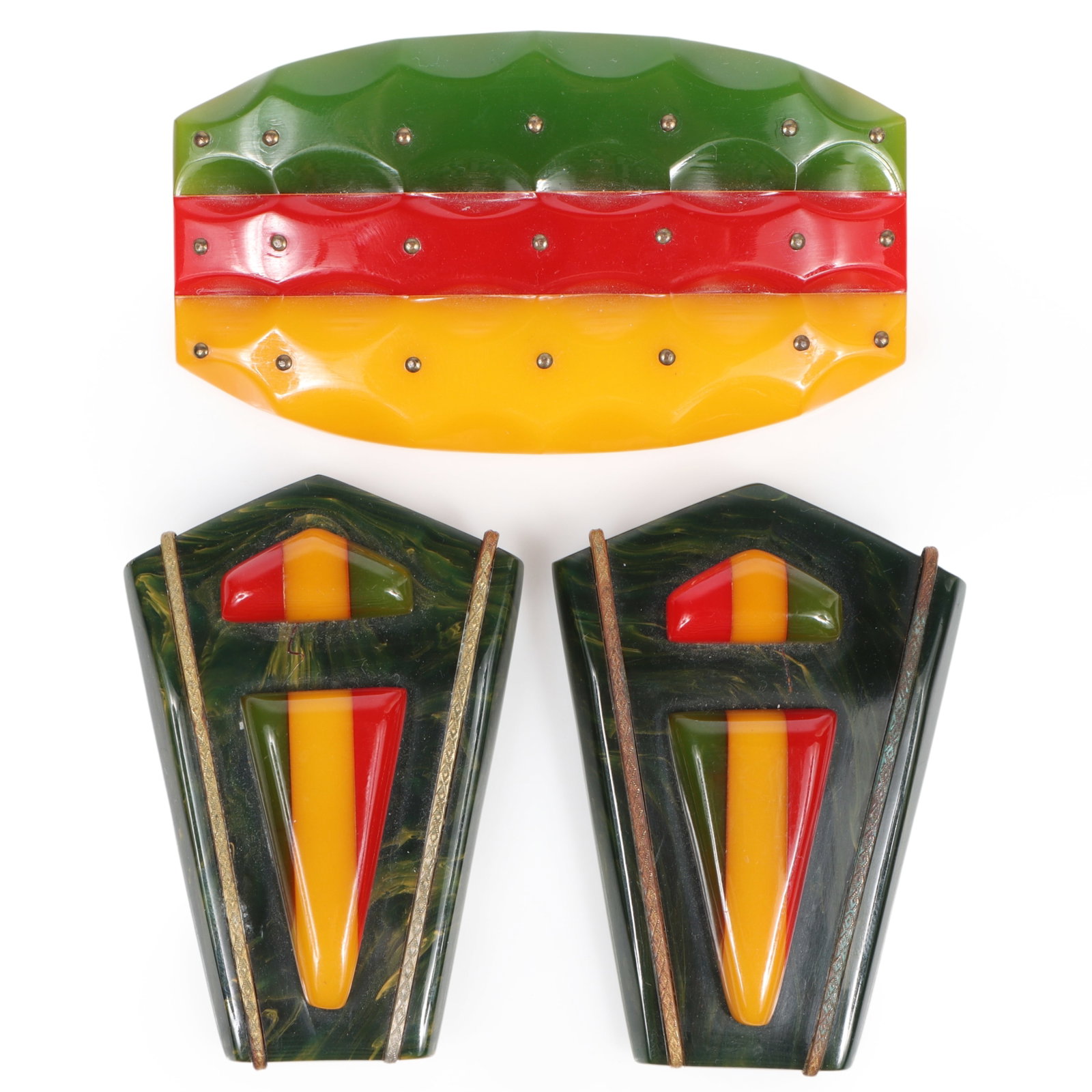 Bakelite Philadelphia style tri-color striped brooch with small metal studs, and pair of marbled (1 of 5)