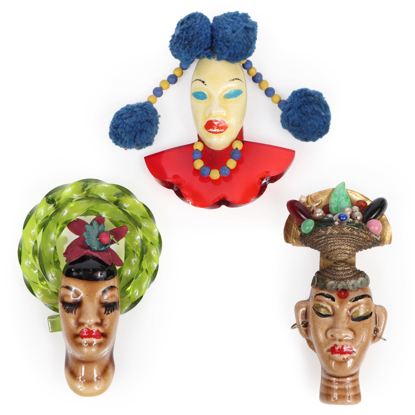 3pc group of Elzac Victims of Fashion figural ceramic brooches including 1943 "Ubangi" book piece 3: 3pc group of Elzac Victims of Fashion figural ceramic brooches including 1943 "Ubangi" book piece American Costume Jewelry Vol. 1 by Carla Ginelli Brunialti & Roberto Brunialti pg. 188 3 3/4"H x 2 1/4