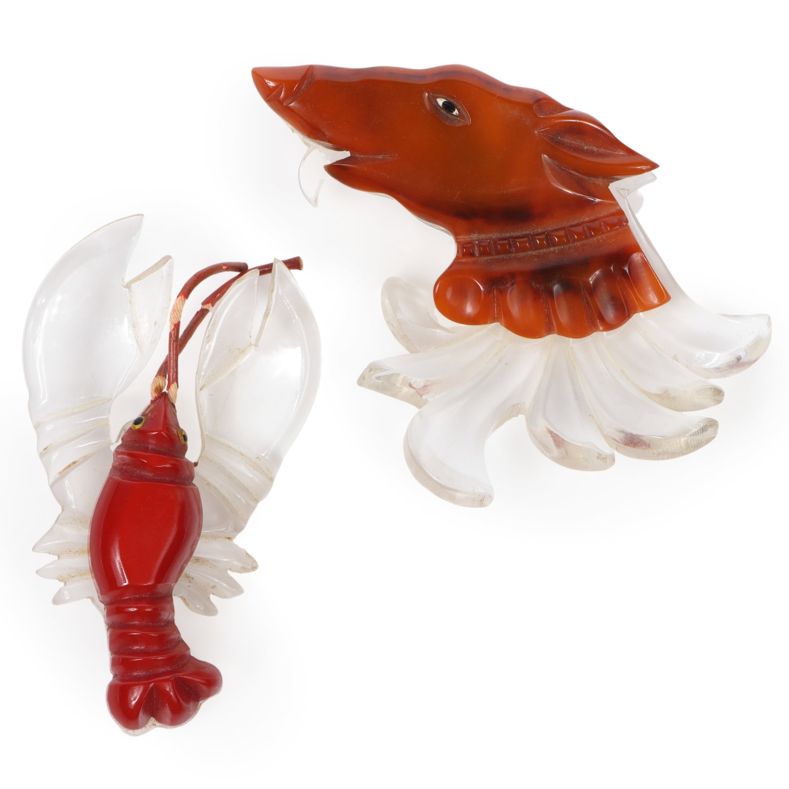 Pair of vintage Bakelite and Lucite figural book piece brooches, including lobster and dog 3"H x 3 (1 of 6)