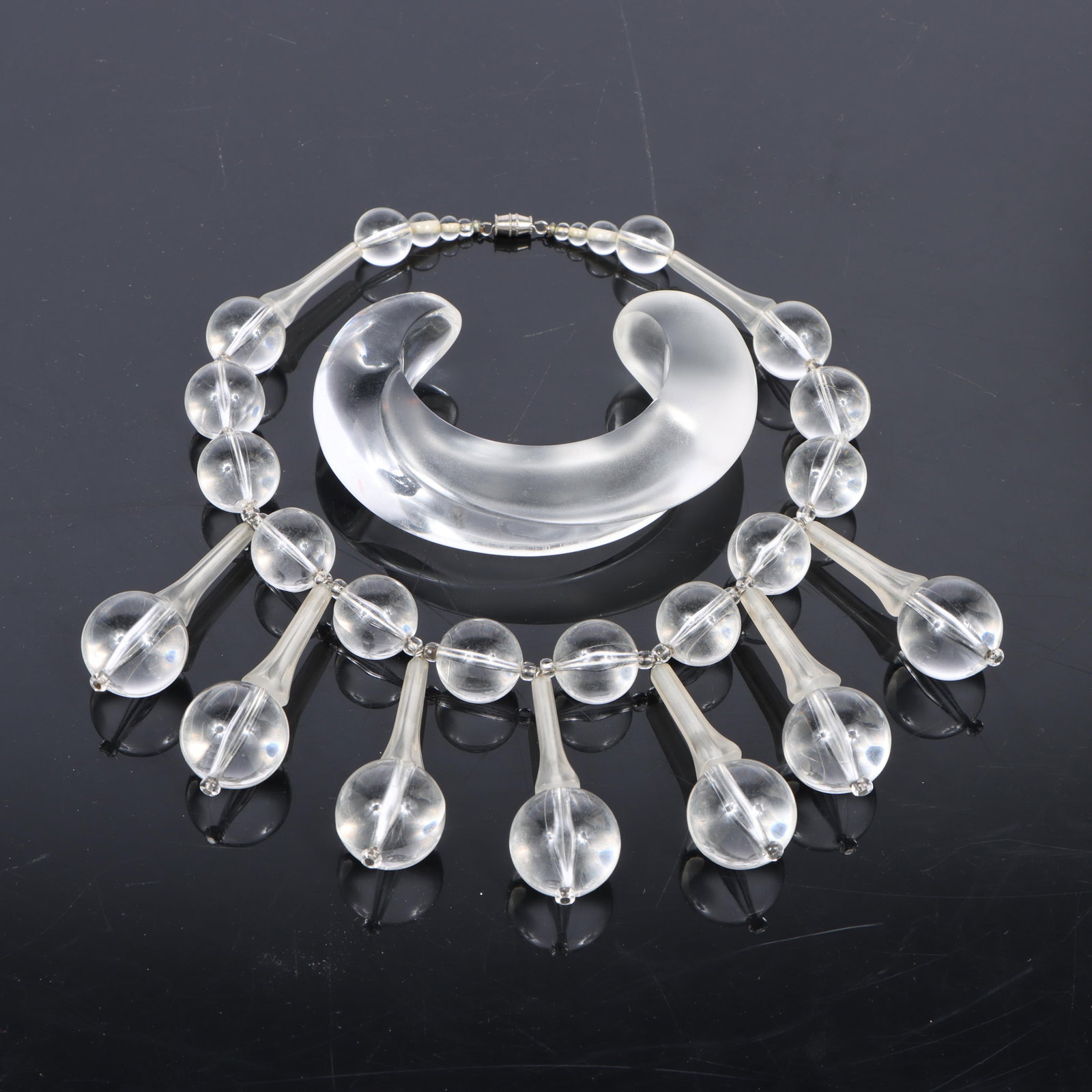 Lucite jewelry 2pc group: Patricia Von Musulin? frosted and clear cuff bracelet with unsigned (1 of 7)